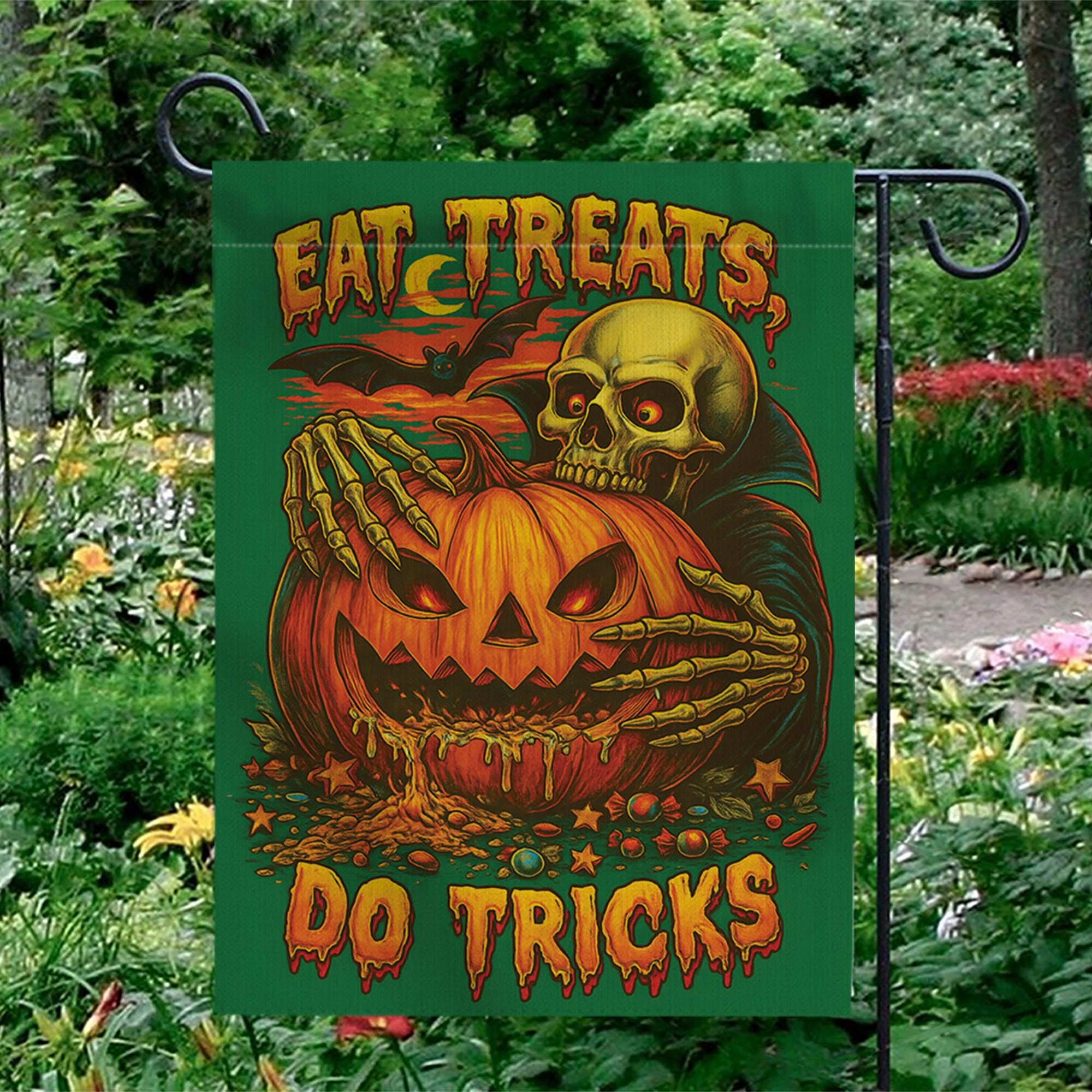 Spooky Halloween Flag, Eat Treats Do Tricks Garden Flag, Vintage Skeleton Pumpkin Decor, Retro Horror Yard Art, Outdoor Halloween Decor