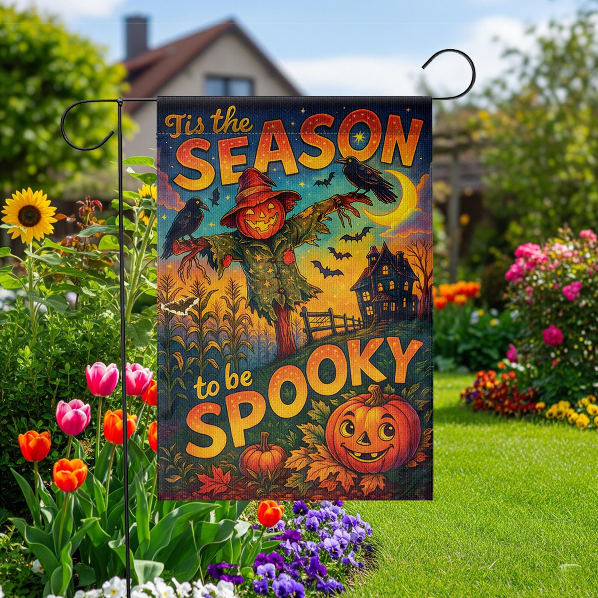 Tis the Season to be Spooky Flag, Vintage Halloween Garden Flag with Scarecrow & Pumpkin, Retro Haunted House Outdoor Yard Decor Sign