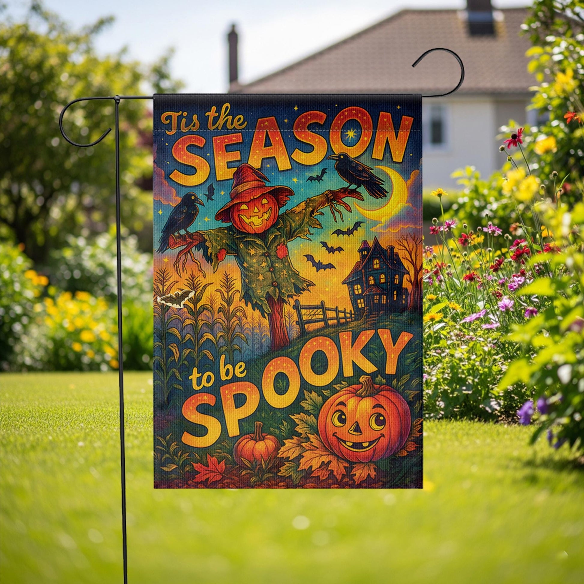 Tis the Season to be Spooky Flag, Vintage Halloween Garden Flag with Scarecrow & Pumpkin, Retro Haunted House Outdoor Yard Decor Sign