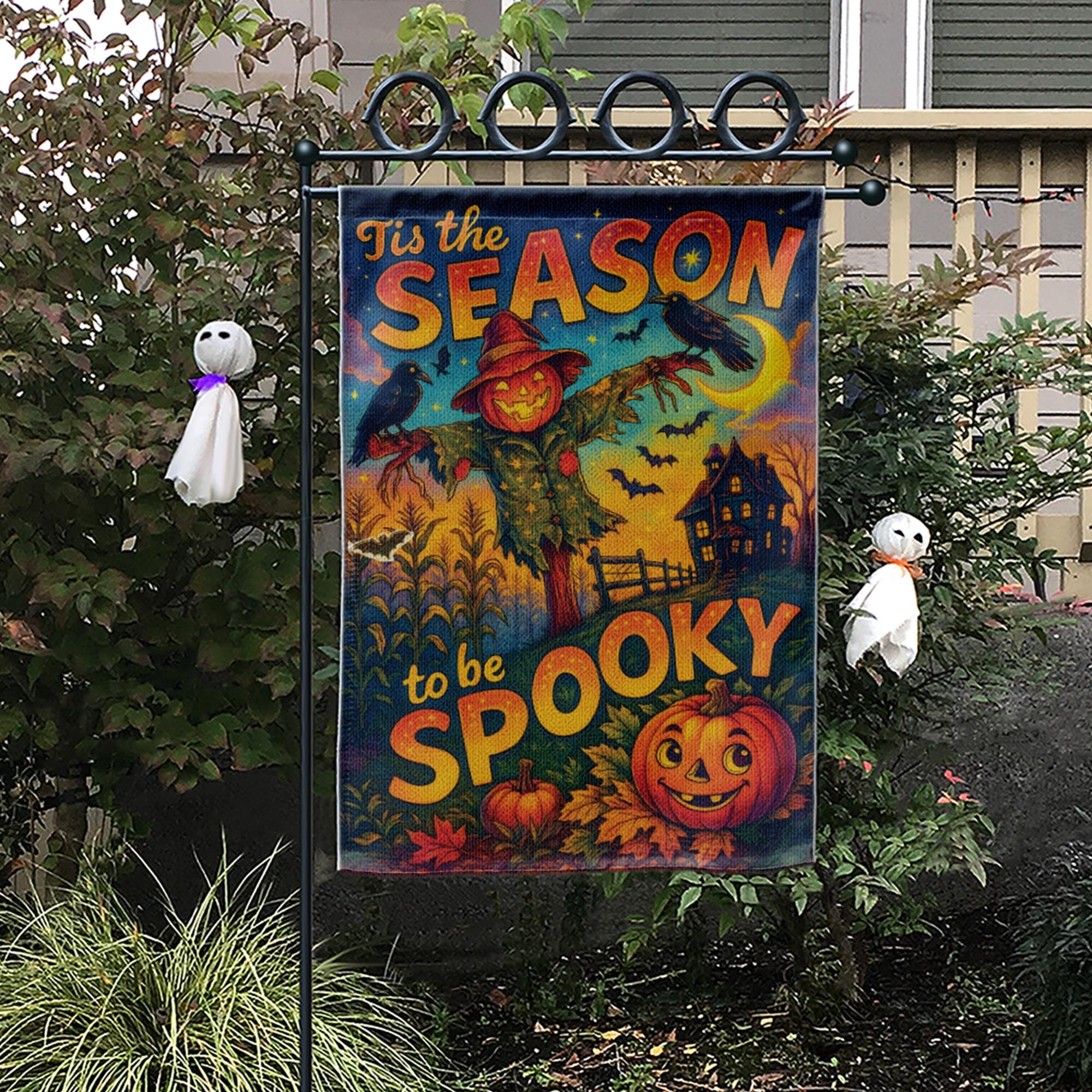 Tis the Season to be Spooky Flag, Vintage Halloween Garden Flag with Scarecrow & Pumpkin, Retro Haunted House Outdoor Yard Decor Sign
