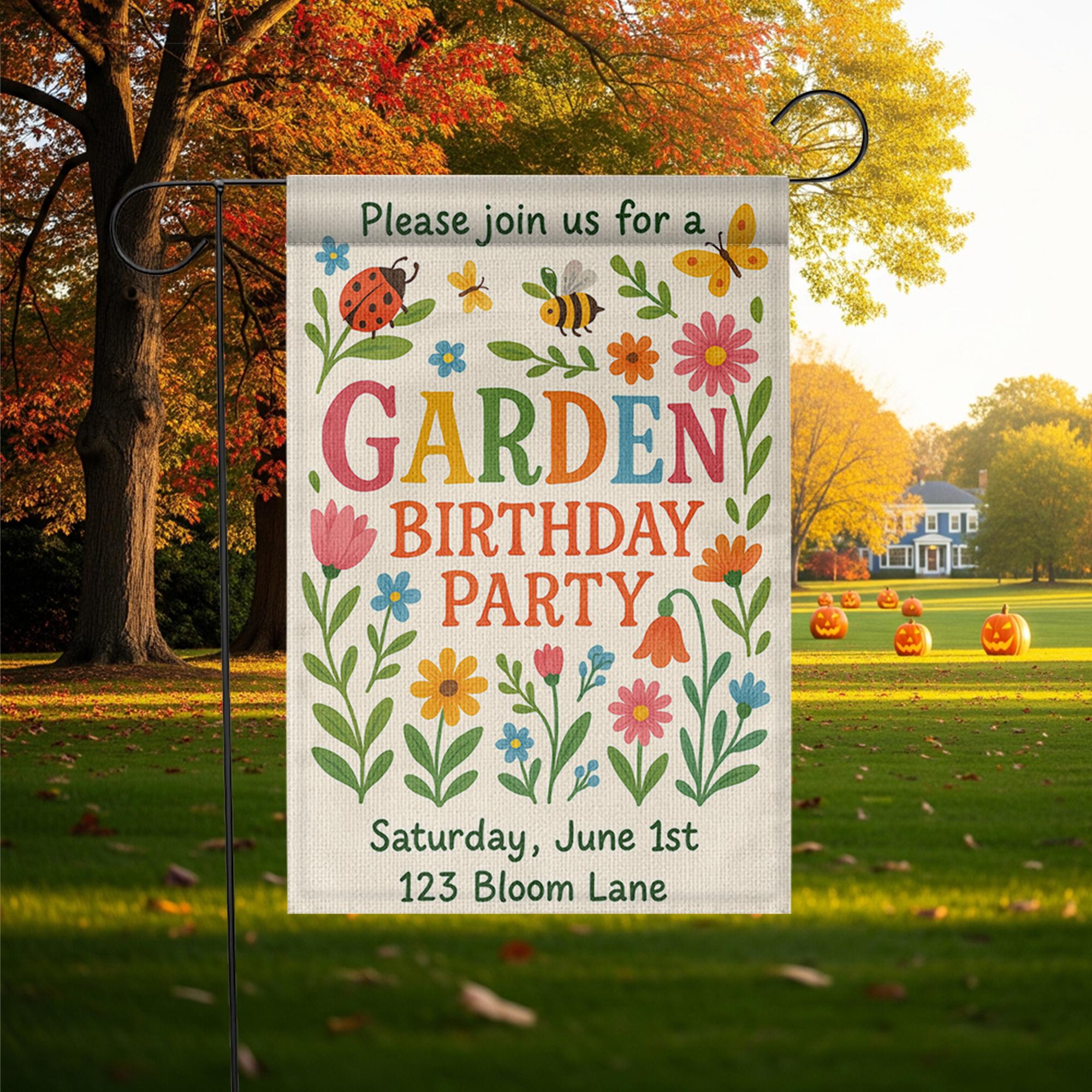 Personalized Garden Birthday Flag, Custom Welcome Yard Sign for Party, Outdoor Floral Decor, Spring Summer Celebration Banner for Kids