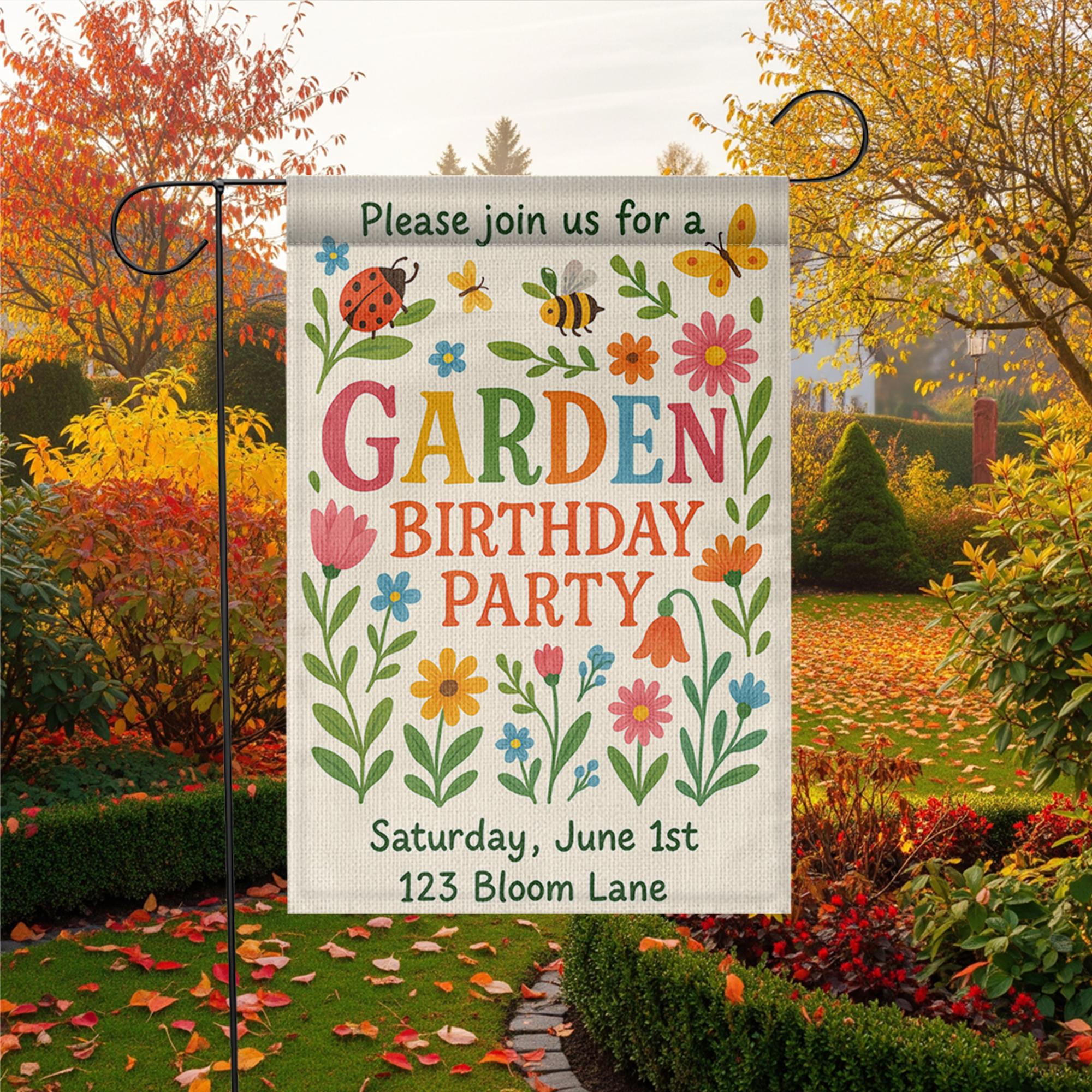 Personalized Garden Birthday Flag, Custom Welcome Yard Sign for Party, Outdoor Floral Decor, Spring Summer Celebration Banner for Kids
