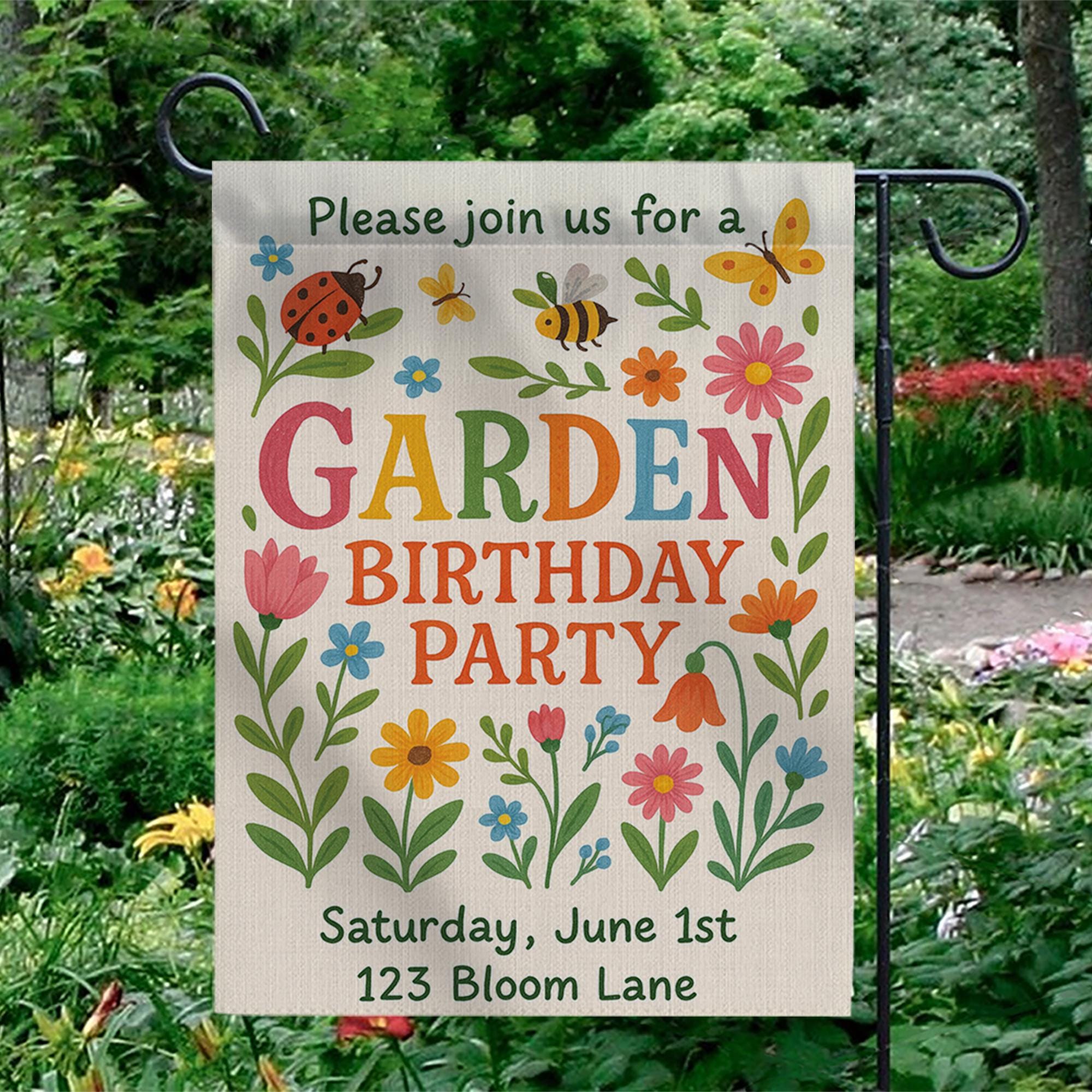 Personalized Garden Birthday Flag, Custom Welcome Yard Sign for Party, Outdoor Floral Decor, Spring Summer Celebration Banner for Kids