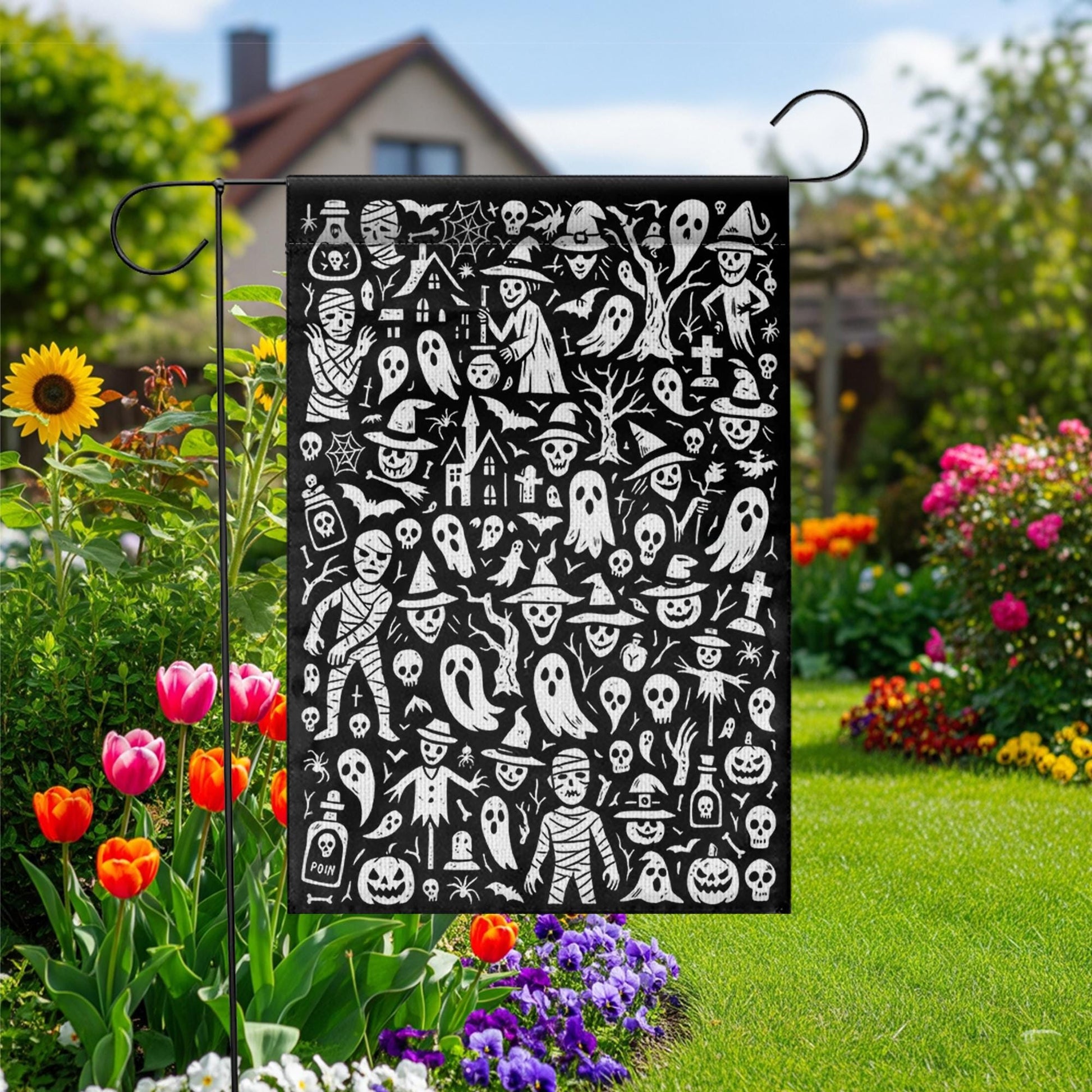 Doodle Halloween Garden Flag, Black & White Spooky Yard Decor, Whimsical Ghost Mummy Witch Art, Outdoor Goth Porch Flag Decoration