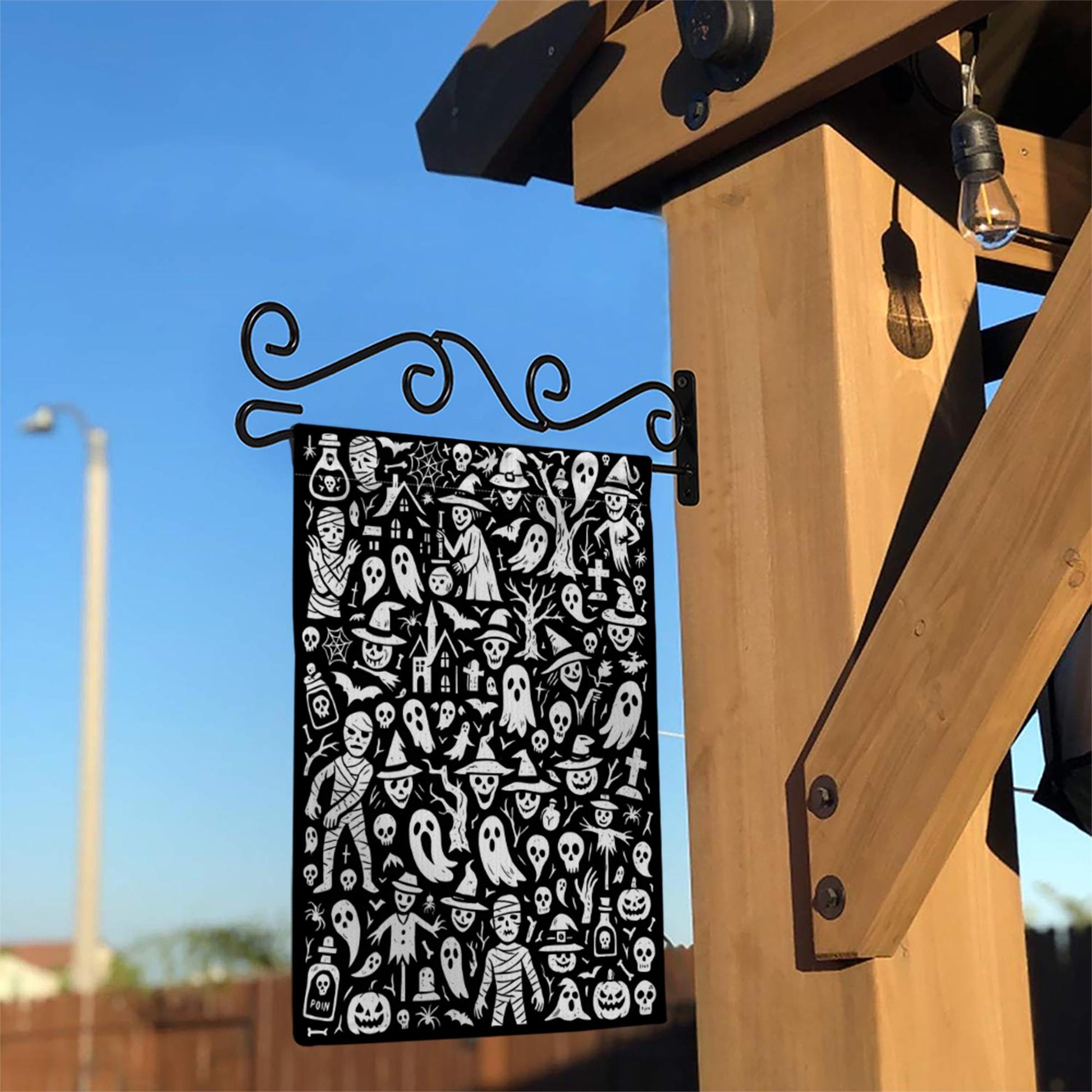 Doodle Halloween Garden Flag, Black & White Spooky Yard Decor, Whimsical Ghost Mummy Witch Art, Outdoor Goth Porch Flag Decoration