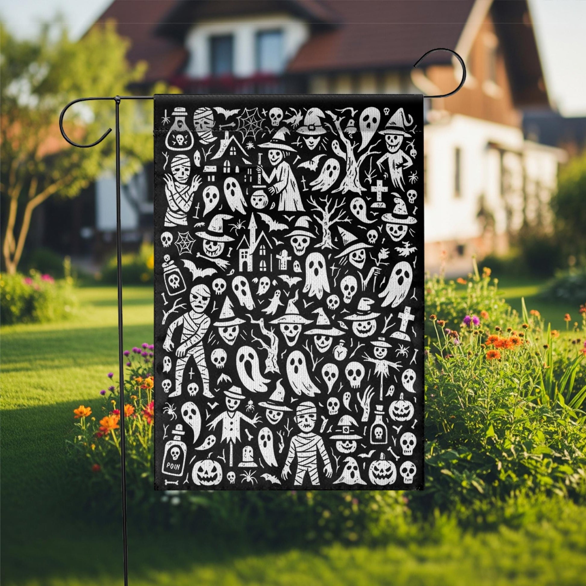 Doodle Halloween Garden Flag, Black & White Spooky Yard Decor, Whimsical Ghost Mummy Witch Art, Outdoor Goth Porch Flag Decoration