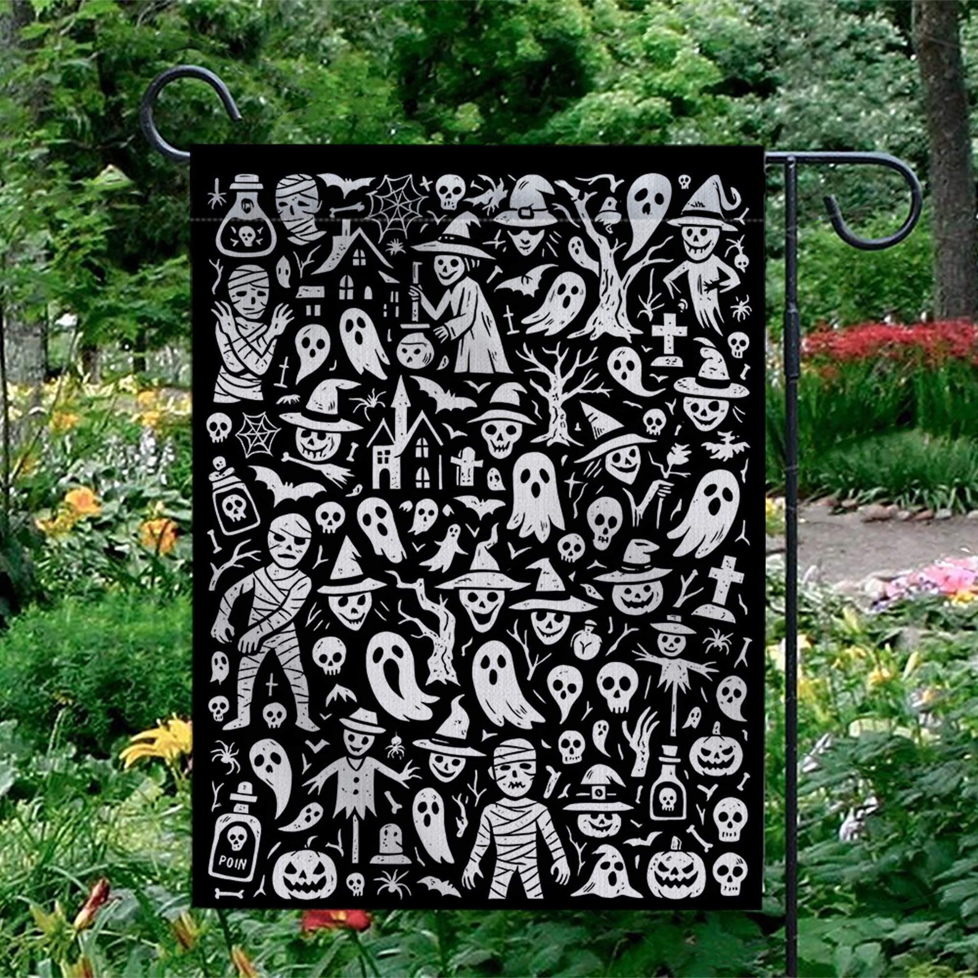 Doodle Halloween Garden Flag, Black & White Spooky Yard Decor, Whimsical Ghost Mummy Witch Art, Outdoor Goth Porch Flag Decoration