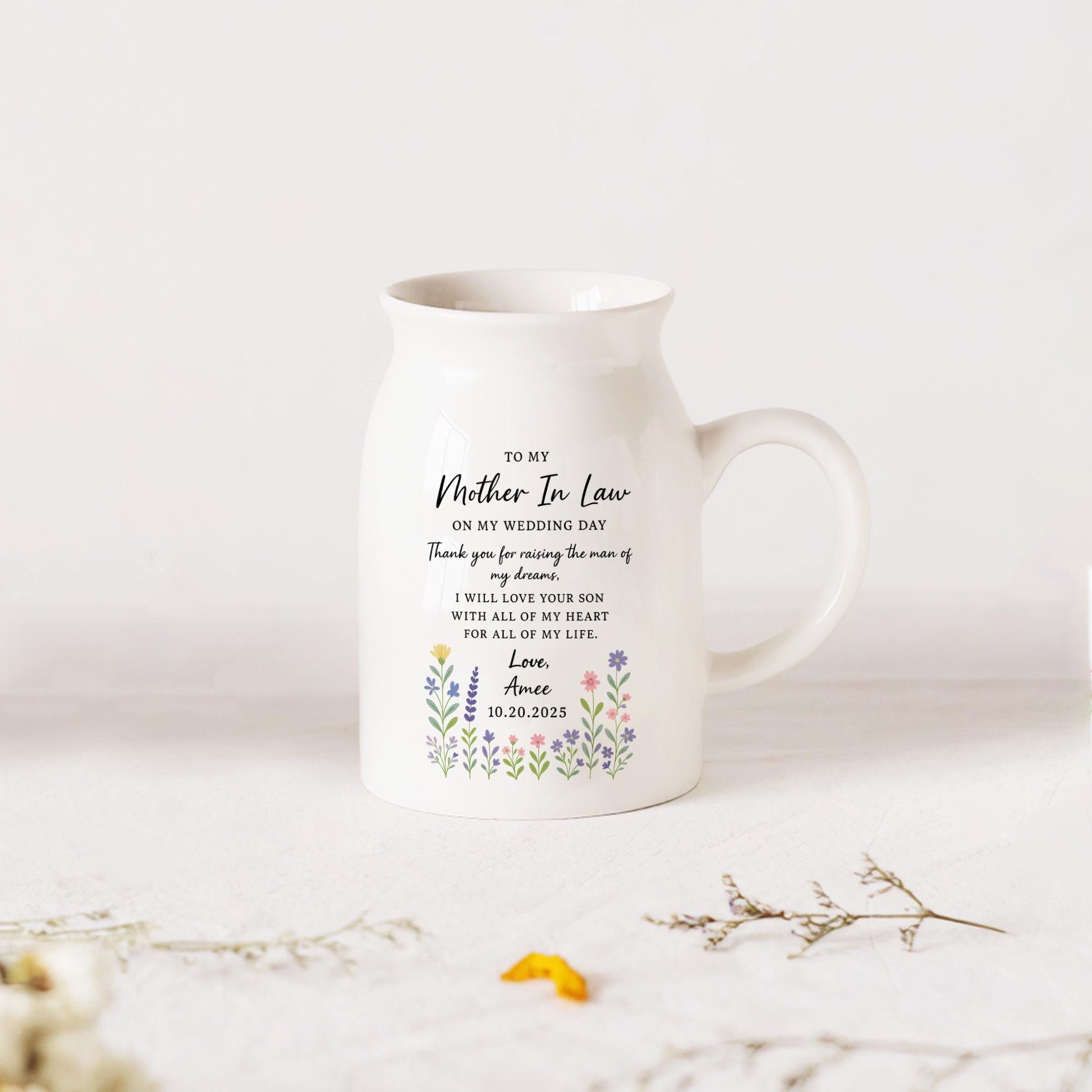 Custom Mother-in-Law Wedding Vase, Personalized Ceramic Floral Gift from Bride, Thank You Keepsake for Mom of the Groom