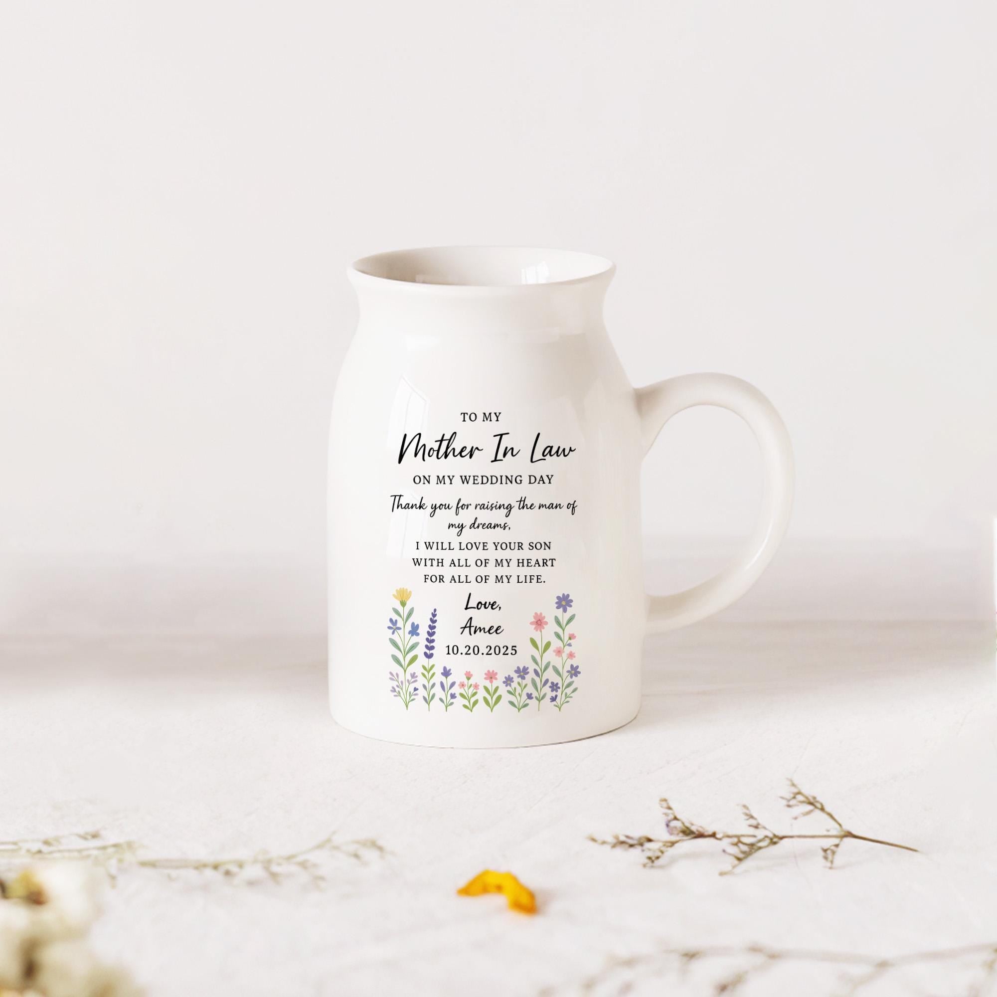 Custom Mother-in-Law Wedding Vase, Personalized Ceramic Floral Gift from Bride, Thank You Keepsake for Mom of the Groom