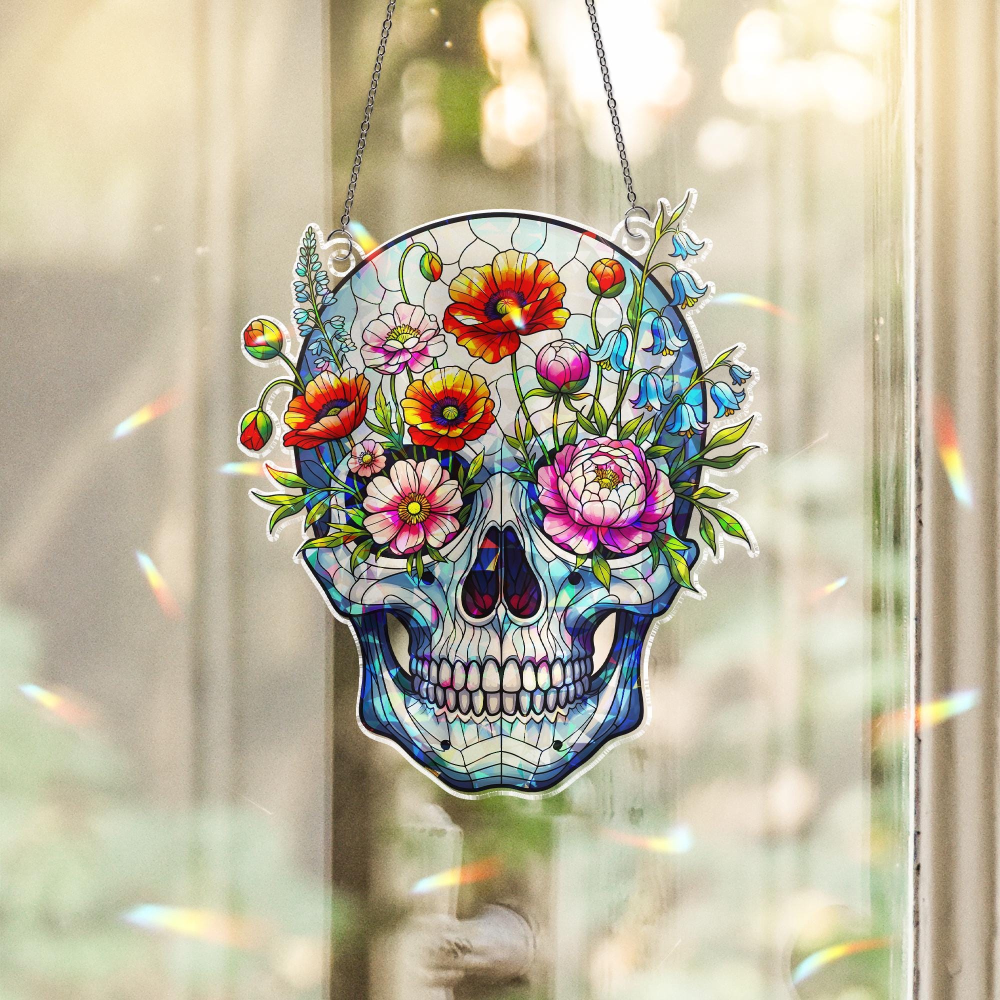 Floral Skull Acrylic Window Hanging, Holographic Gothic Home Decor, Boho Prism Wall Art, Unique Metaphysical Gift, Halloween Decor