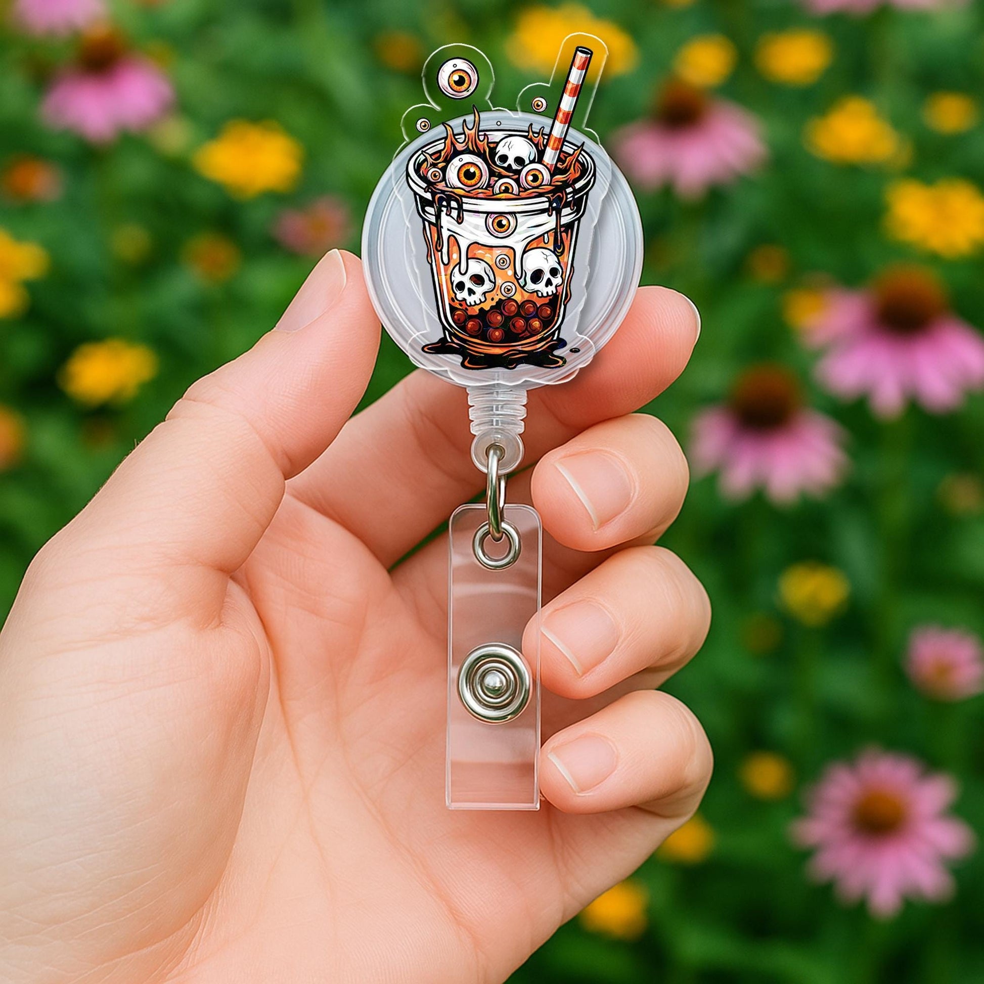 Spooky Boba Tea Badge Reel, Skull Bubble Tea ID Holder, Creepy Eyeball Drink Lanyard, Halloween Nurse Gift, Retractable Badge for RN Teacher