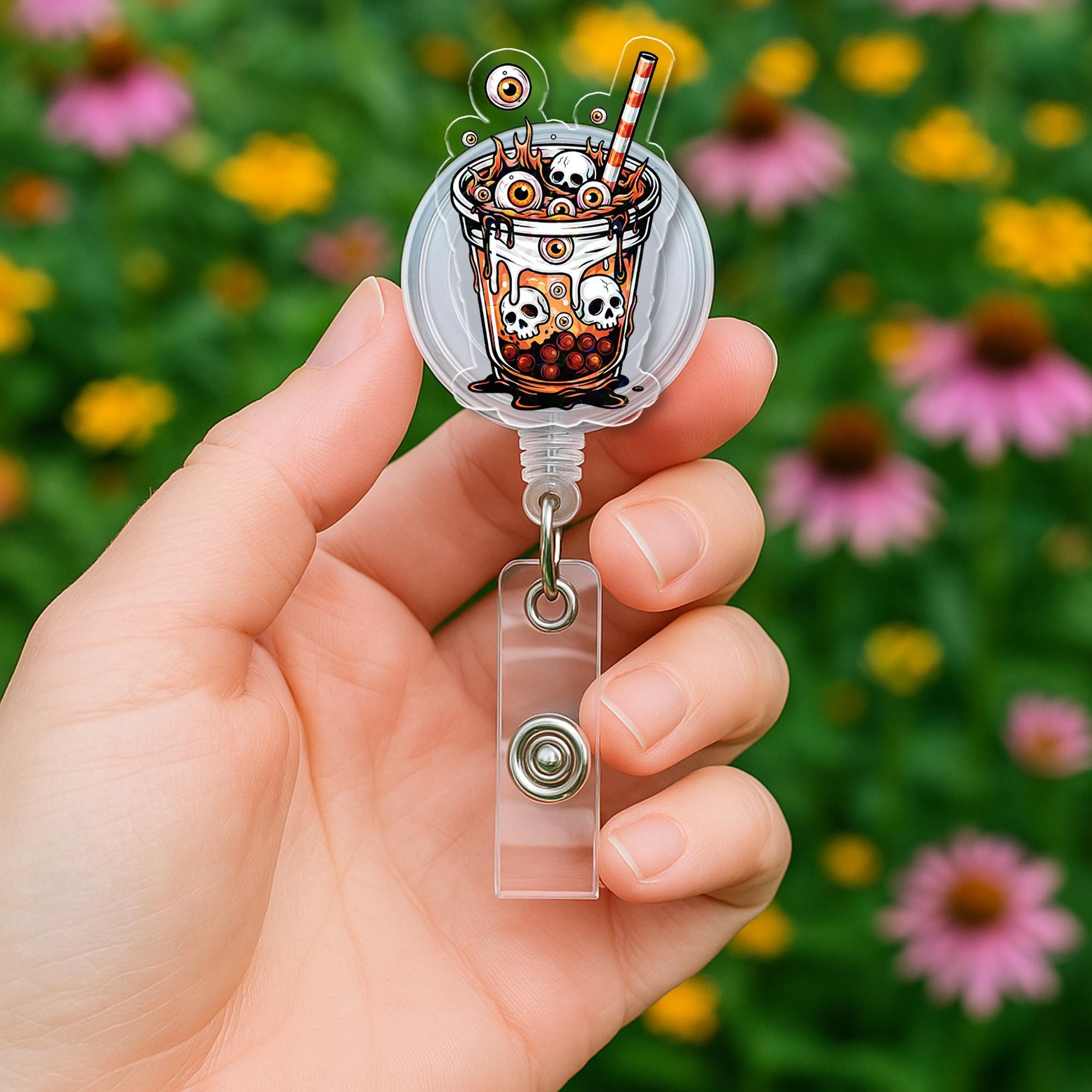 Spooky Boba Tea Badge Reel, Skull Bubble Tea ID Holder, Creepy Eyeball Drink Lanyard, Halloween Nurse Gift, Retractable Badge for RN Teacher