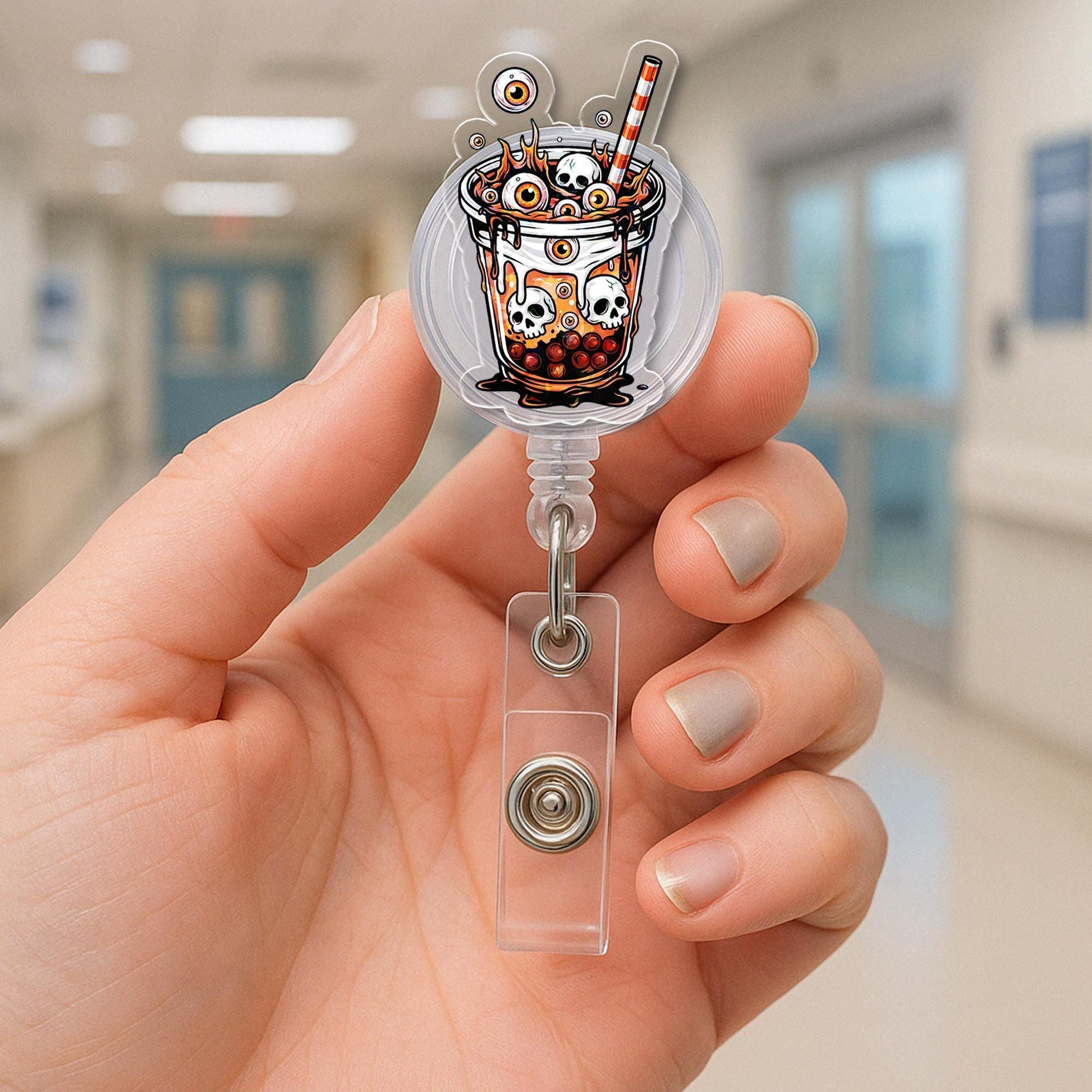 Spooky Boba Tea Badge Reel, Skull Bubble Tea ID Holder, Creepy Eyeball Drink Lanyard, Halloween Nurse Gift, Retractable Badge for RN Teacher