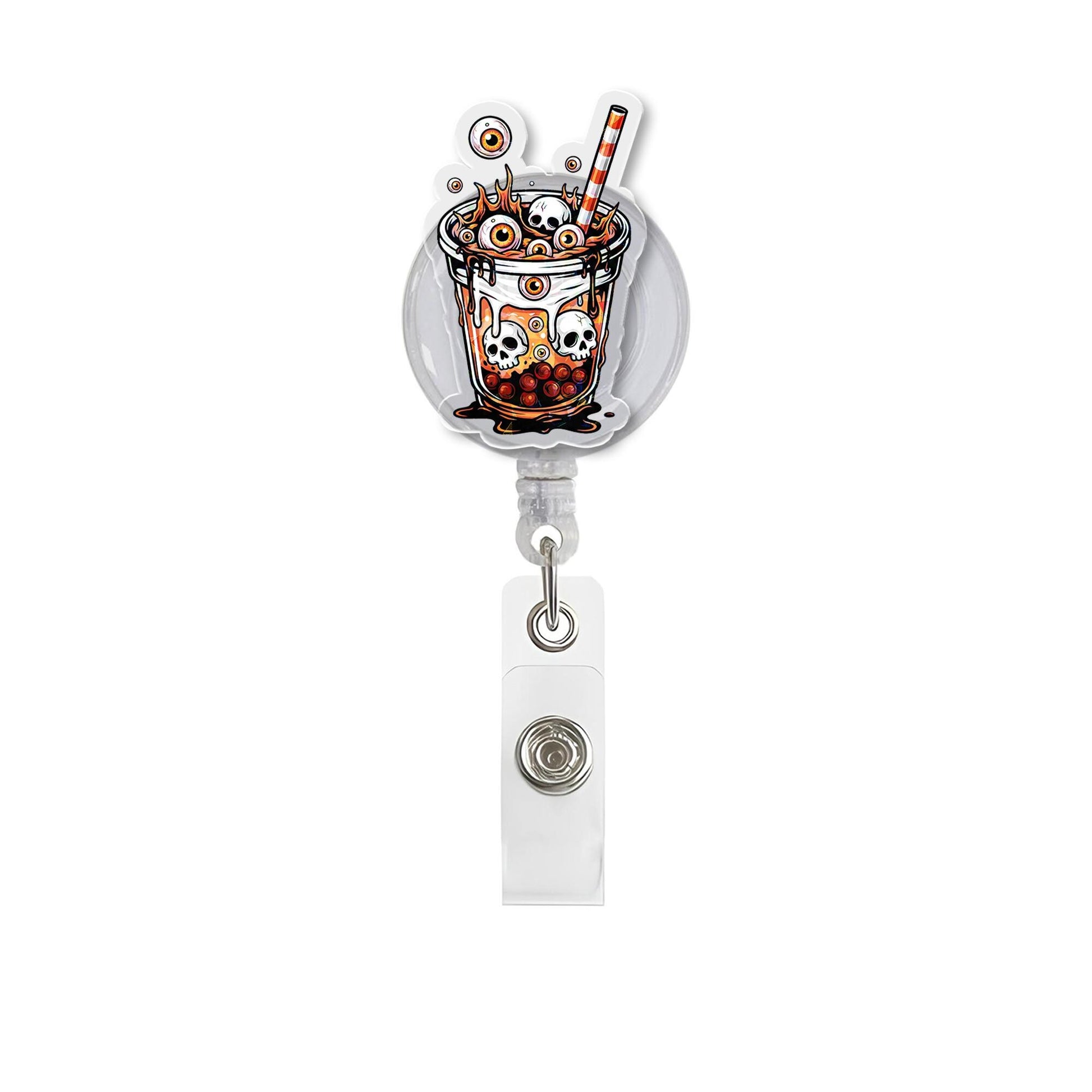 Spooky Boba Tea Badge Reel, Skull Bubble Tea ID Holder, Creepy Eyeball Drink Lanyard, Halloween Nurse Gift, Retractable Badge for RN Teacher