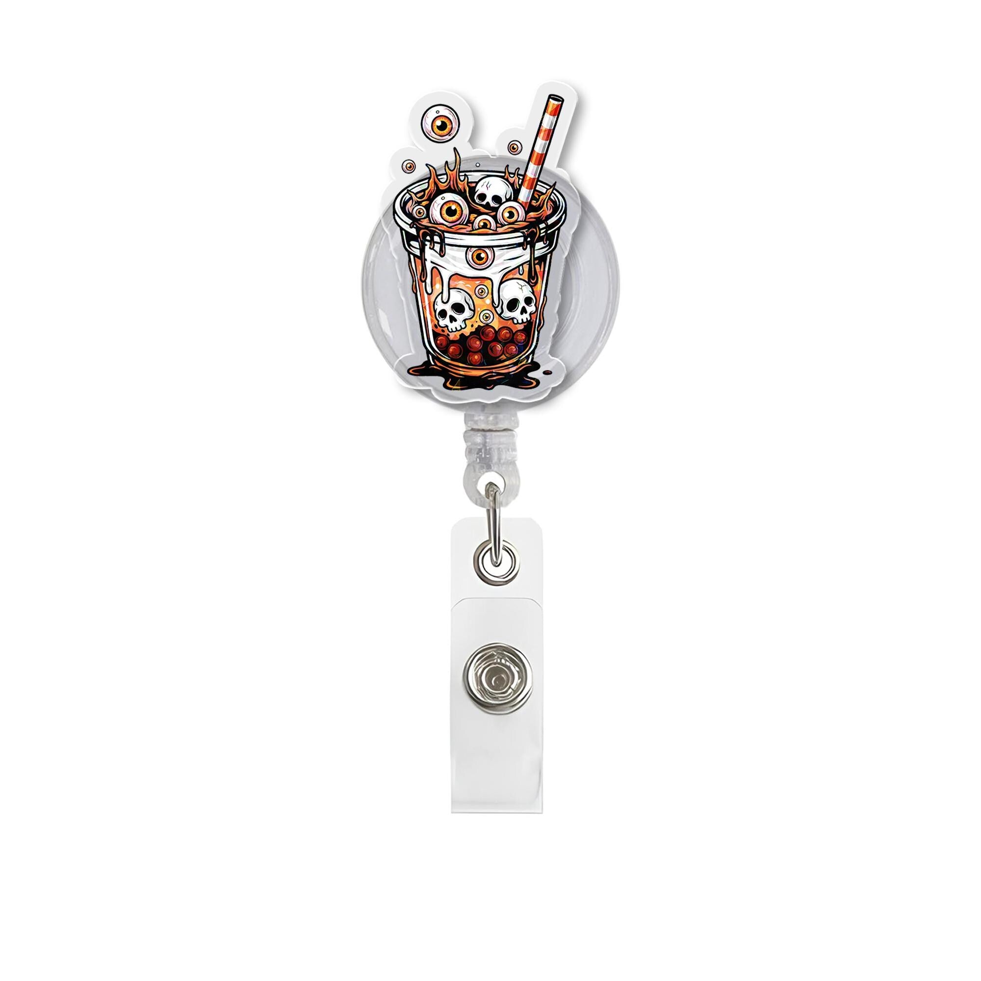 Spooky Boba Tea Badge Reel, Skull Bubble Tea ID Holder, Creepy Eyeball Drink Lanyard, Halloween Nurse Gift, Retractable Badge for RN Teacher