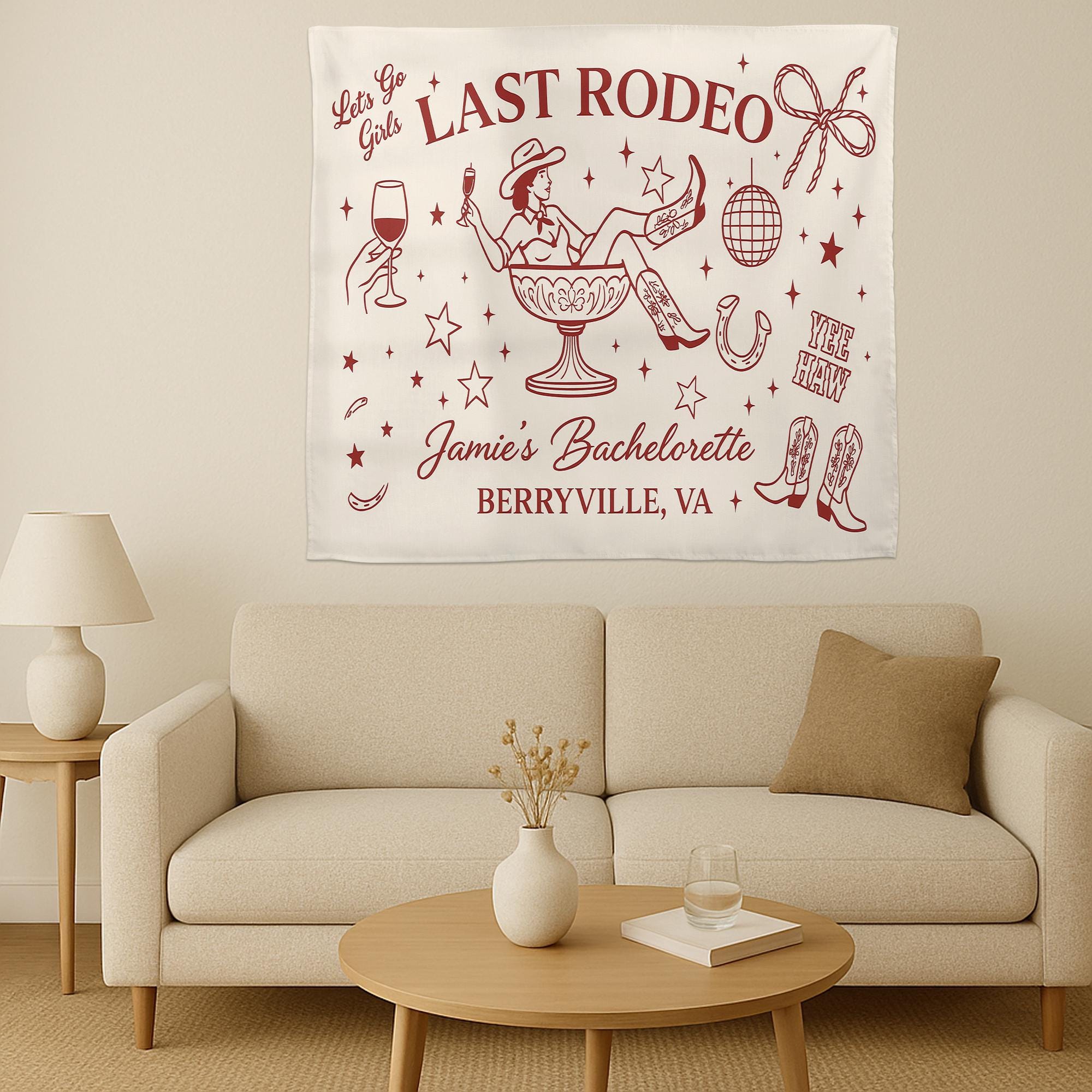 Custom Last Rodeo Bachelorette Tapestry, Western Party Banner for Bride, Personalized Cowgirl Decor for Girls Weekend Bash