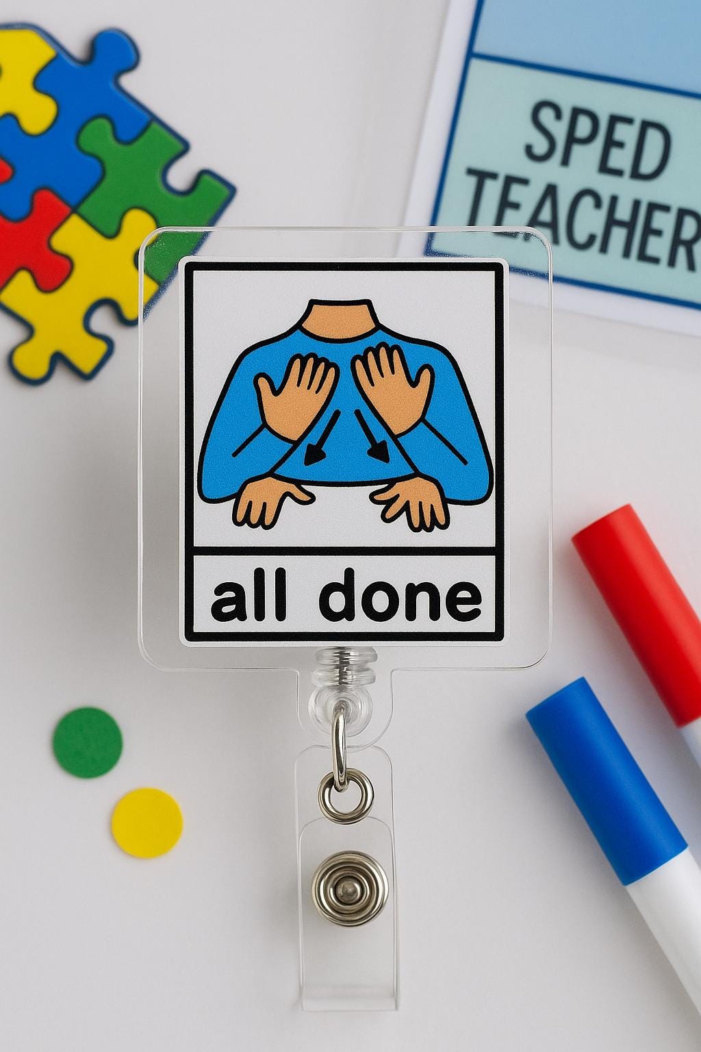 All Done Badge Reel | SPED Teacher Gift | Special Education Lanyard | Autism Visual Cue | ASL Sign Language ID Clip | aba Therapy Accessory