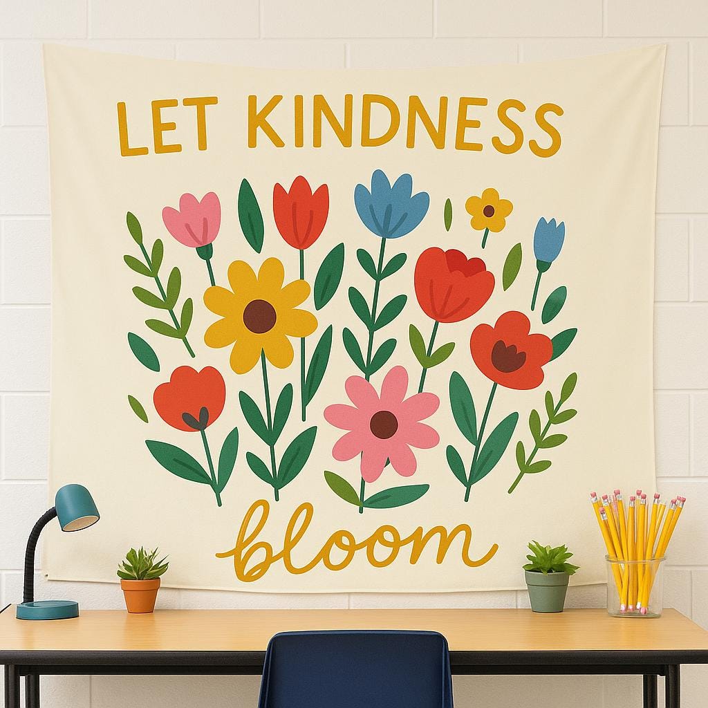 Let Kindness Bloom Tapestry - Back to School Classroom Decor, Colorful Floral Wall Art Positive Affirmation Poster, Teacher Classroom Banner
