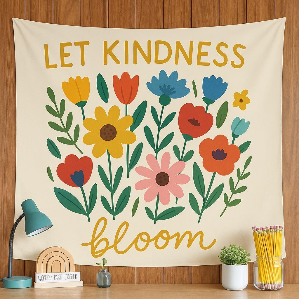 Let Kindness Bloom Tapestry - Back to School Classroom Decor, Colorful Floral Wall Art Positive Affirmation Poster, Teacher Classroom Banner