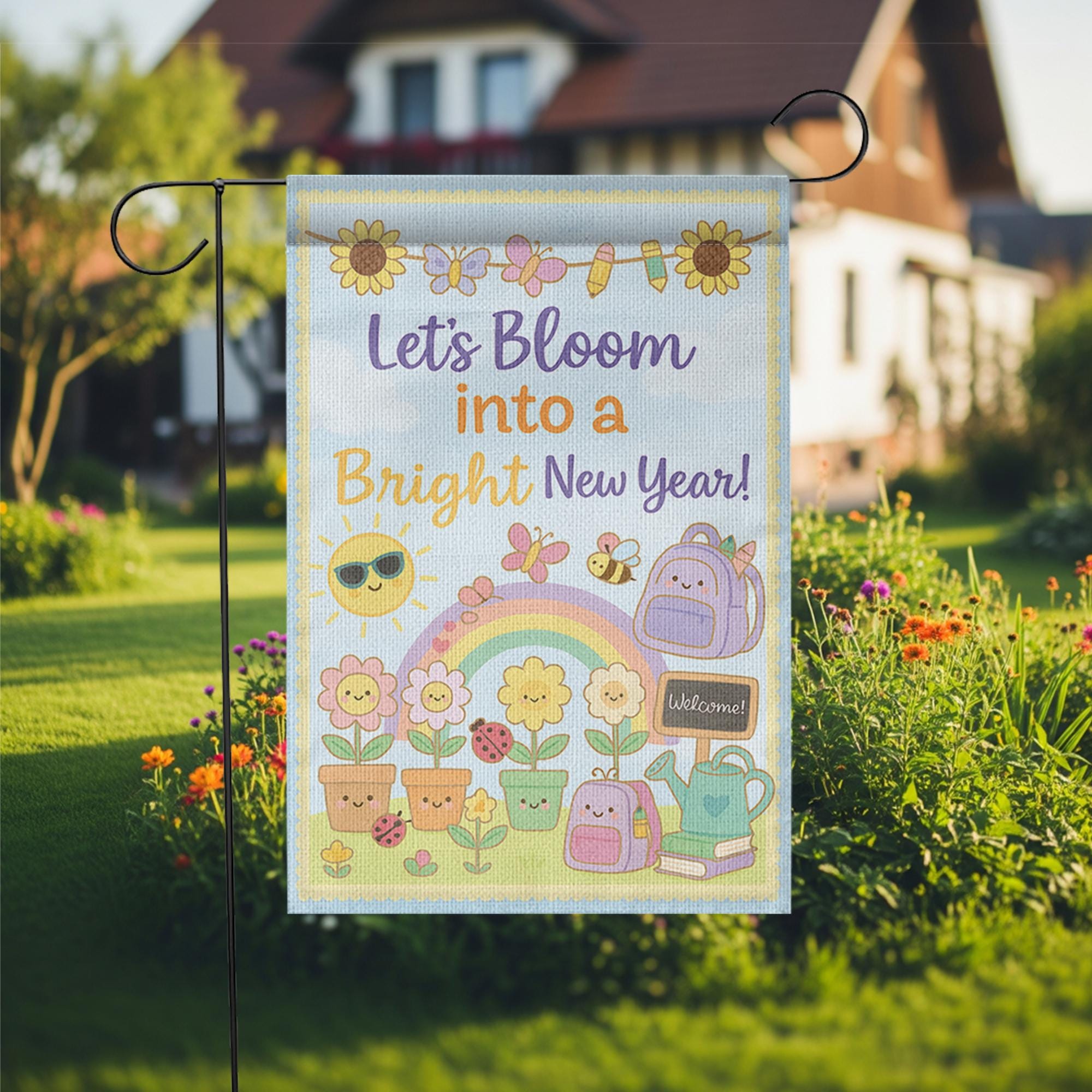 Let’s Bloom Into a Bright New Year Garden Flag, Cute Back to School Outdoor Banner, Teacher Yard Decor, Classroom Welcome Sign, School Decor