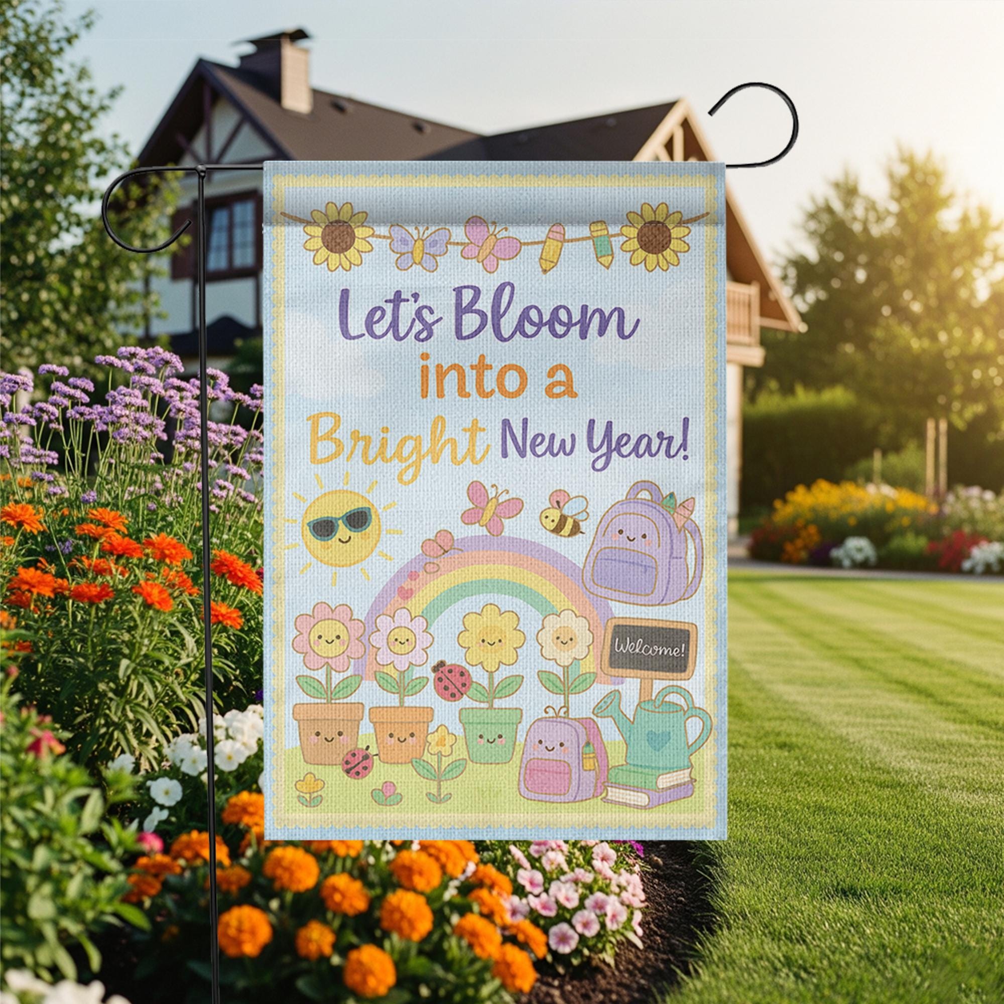 Let’s Bloom Into a Bright New Year Garden Flag, Cute Back to School Outdoor Banner, Teacher Yard Decor, Classroom Welcome Sign, School Decor
