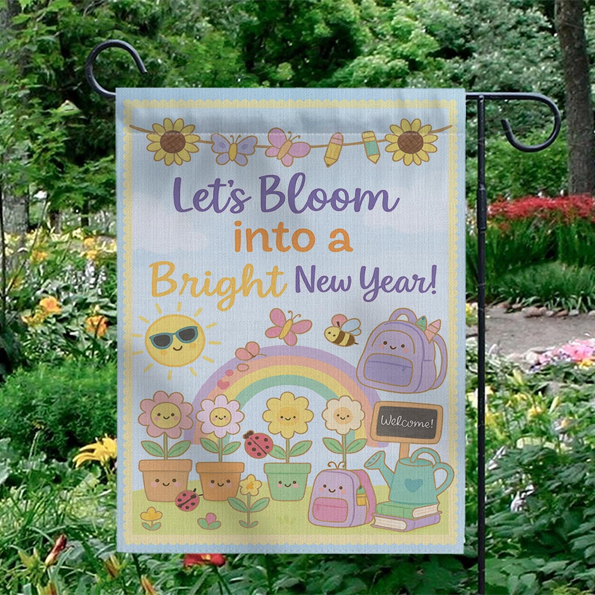 Let’s Bloom Into a Bright New Year Garden Flag, Cute Back to School Outdoor Banner, Teacher Yard Decor, Classroom Welcome Sign, School Decor