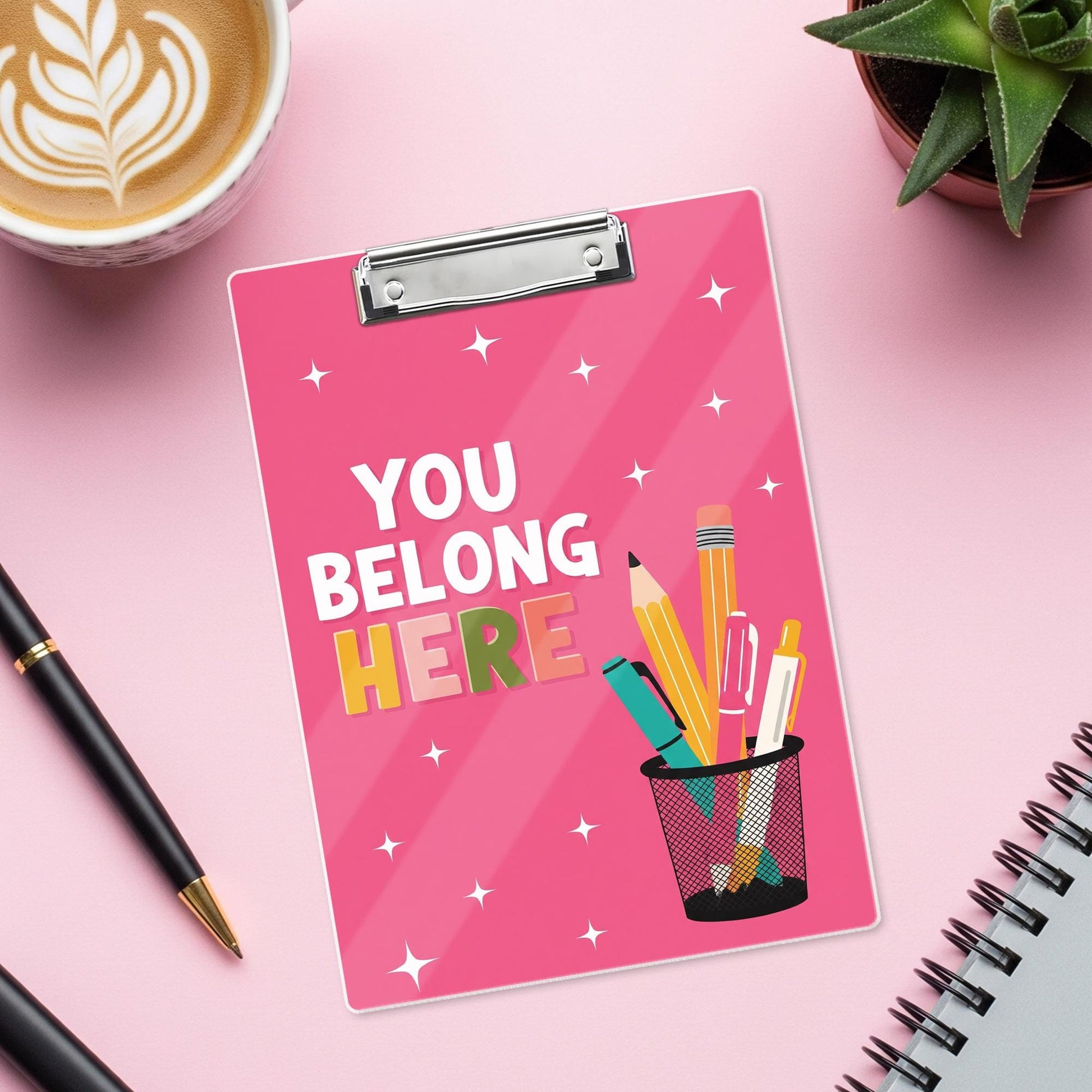You Belong Here Clipboard – Cute Teacher Classroom Clipboard, Back to School Gift, Pink Motivational Student or Office Desk Accessory, Staff