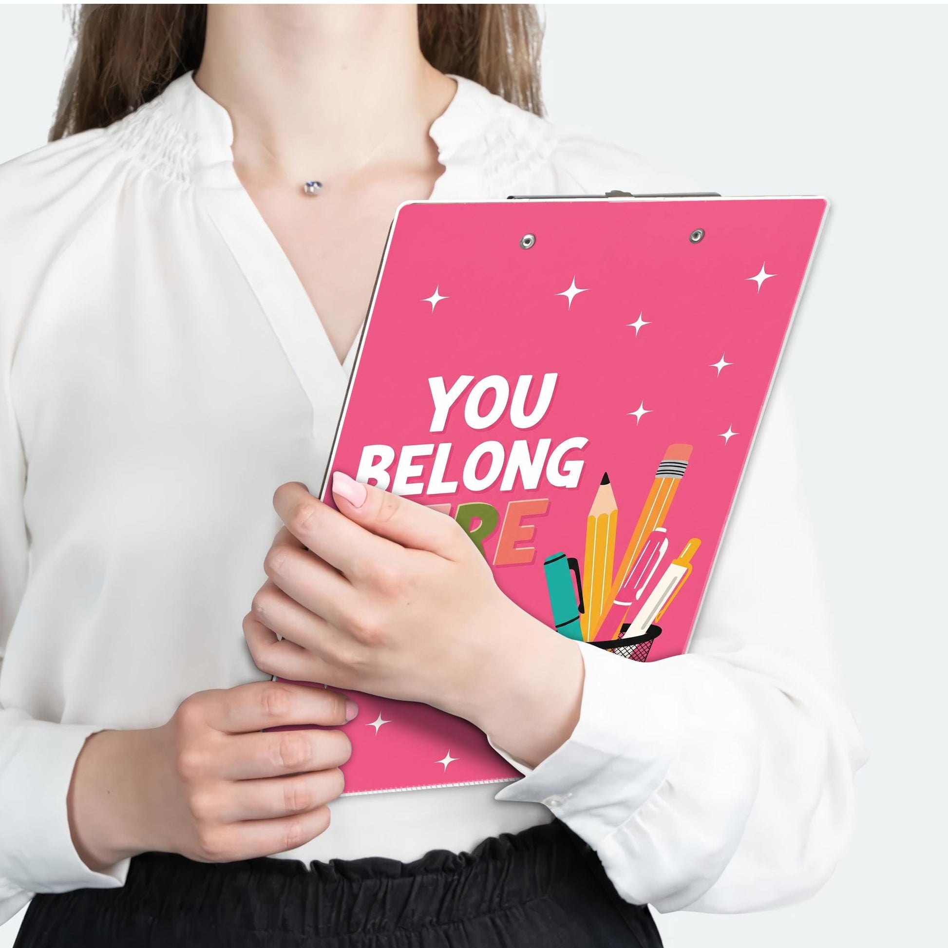 You Belong Here Clipboard – Cute Teacher Classroom Clipboard, Back to School Gift, Pink Motivational Student or Office Desk Accessory, Staff