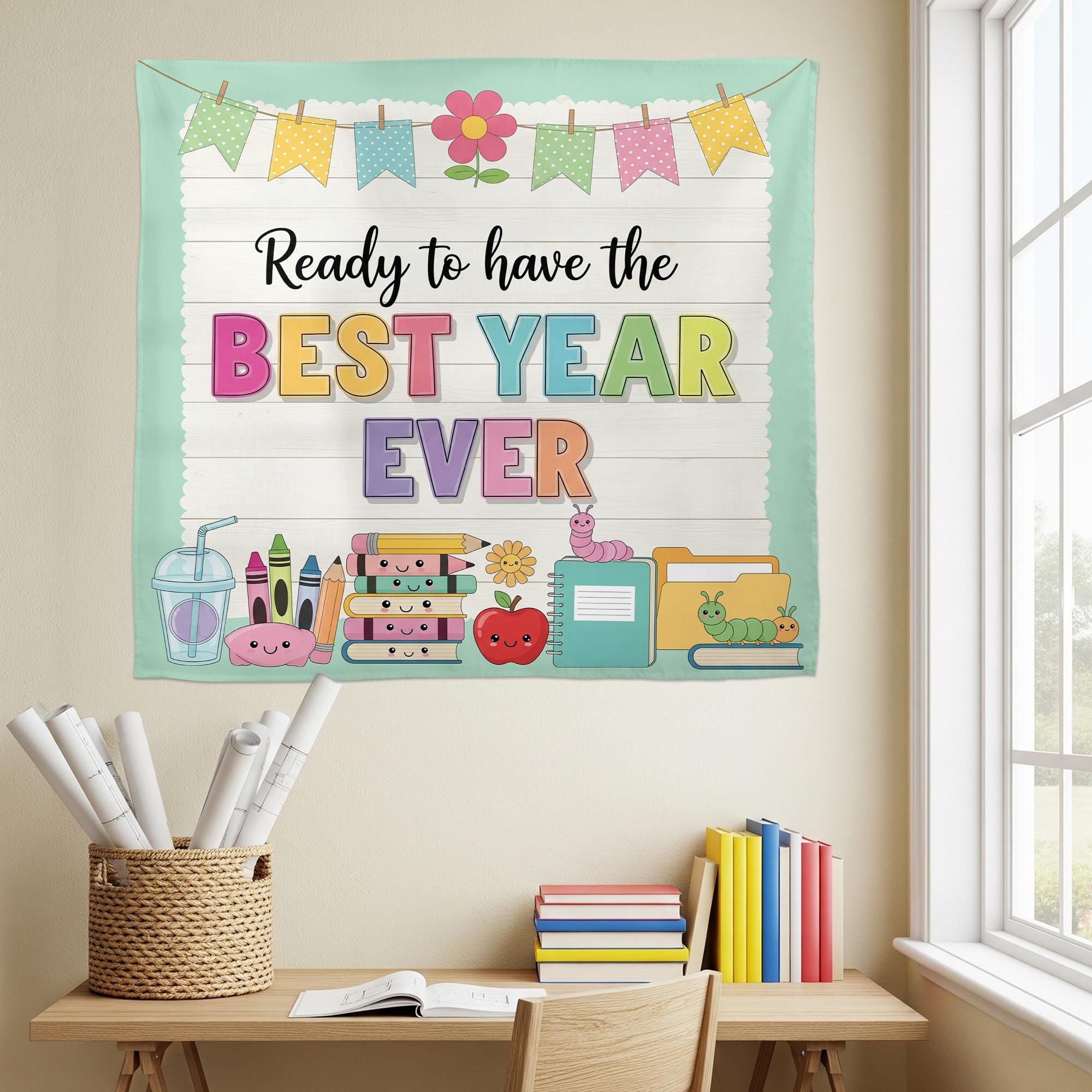 Ready to Have the Best Year Ever Wall Tapestry – Cute Back to School Classroom Banner, Teacher Decor for Bulletin Boards or Walls