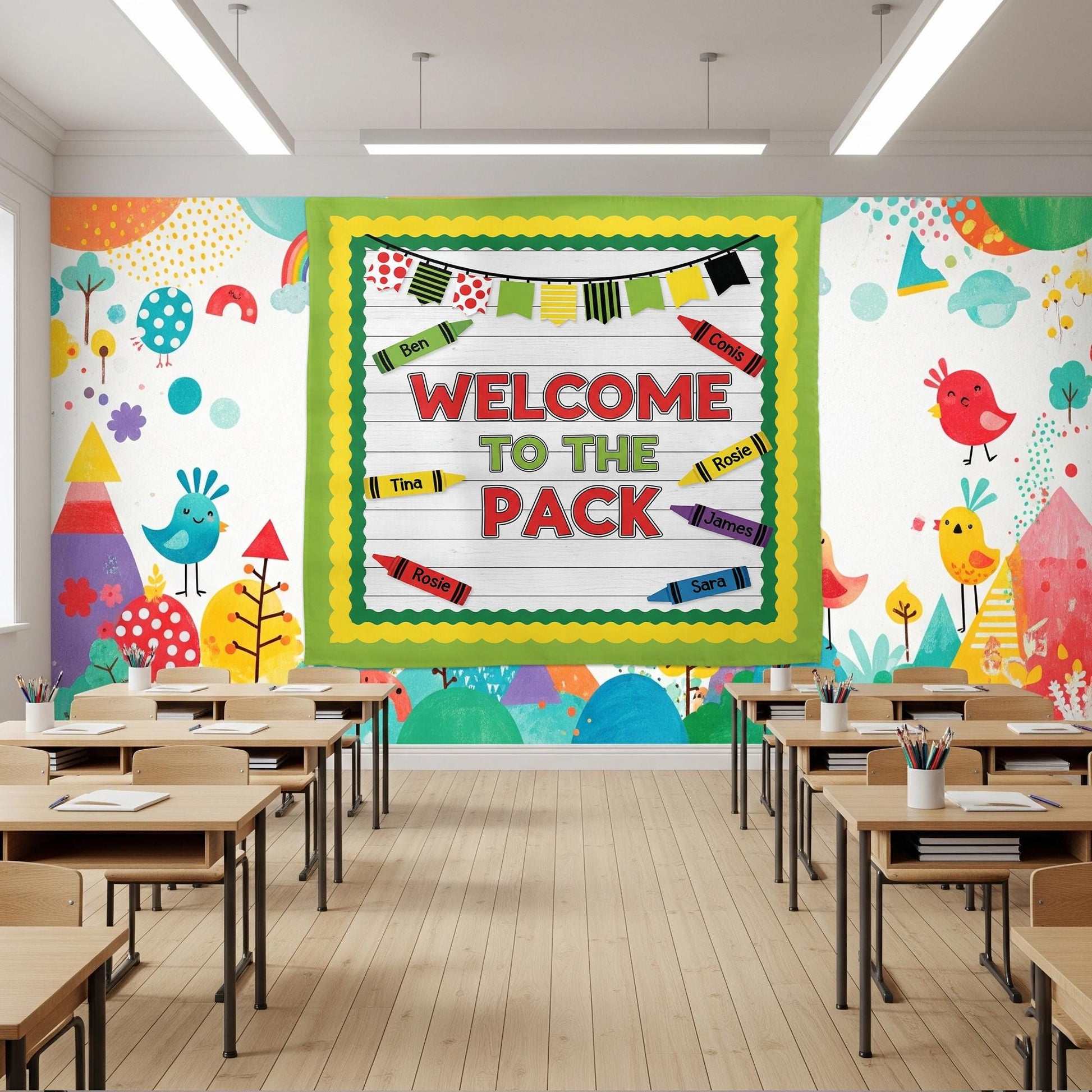 Welcome to the Pack Classroom Tapestry – Crayon Student Name Banner Wall Decor, Back to School Teacher Sign, Cute Bulletin Board Display