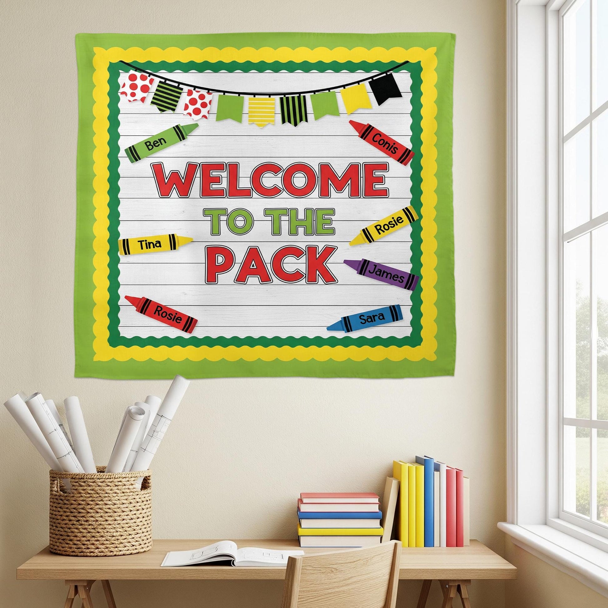 Welcome to the Pack Classroom Tapestry – Crayon Student Name Banner Wall Decor, Back to School Teacher Sign, Cute Bulletin Board Display
