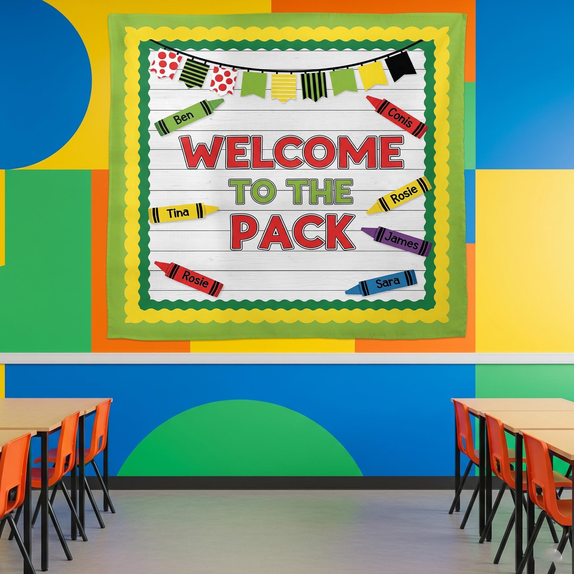 Welcome to the Pack Classroom Tapestry – Crayon Student Name Banner Wall Decor, Back to School Teacher Sign, Cute Bulletin Board Display