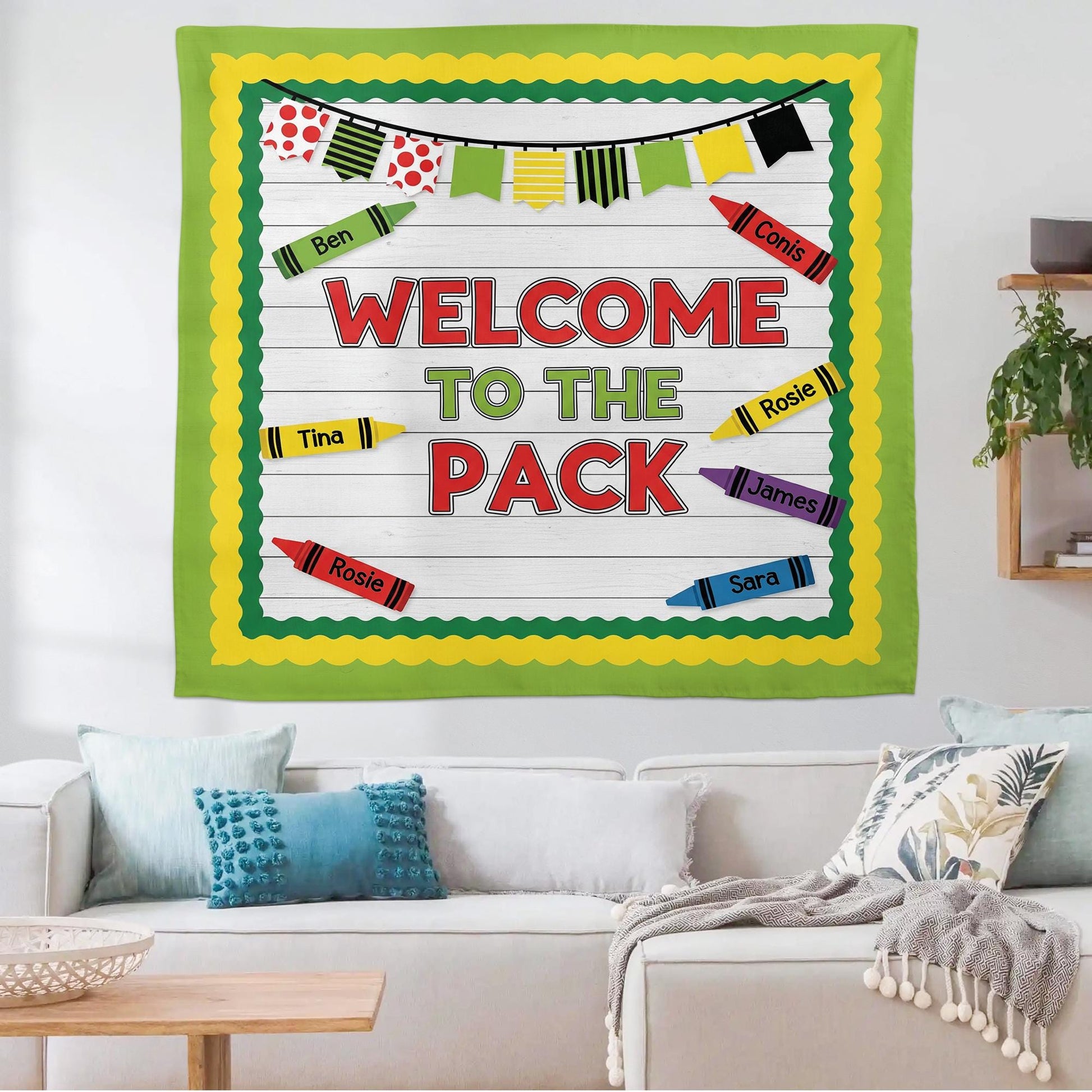 Welcome to the Pack Classroom Tapestry – Crayon Student Name Banner Wall Decor, Back to School Teacher Sign, Cute Bulletin Board Display