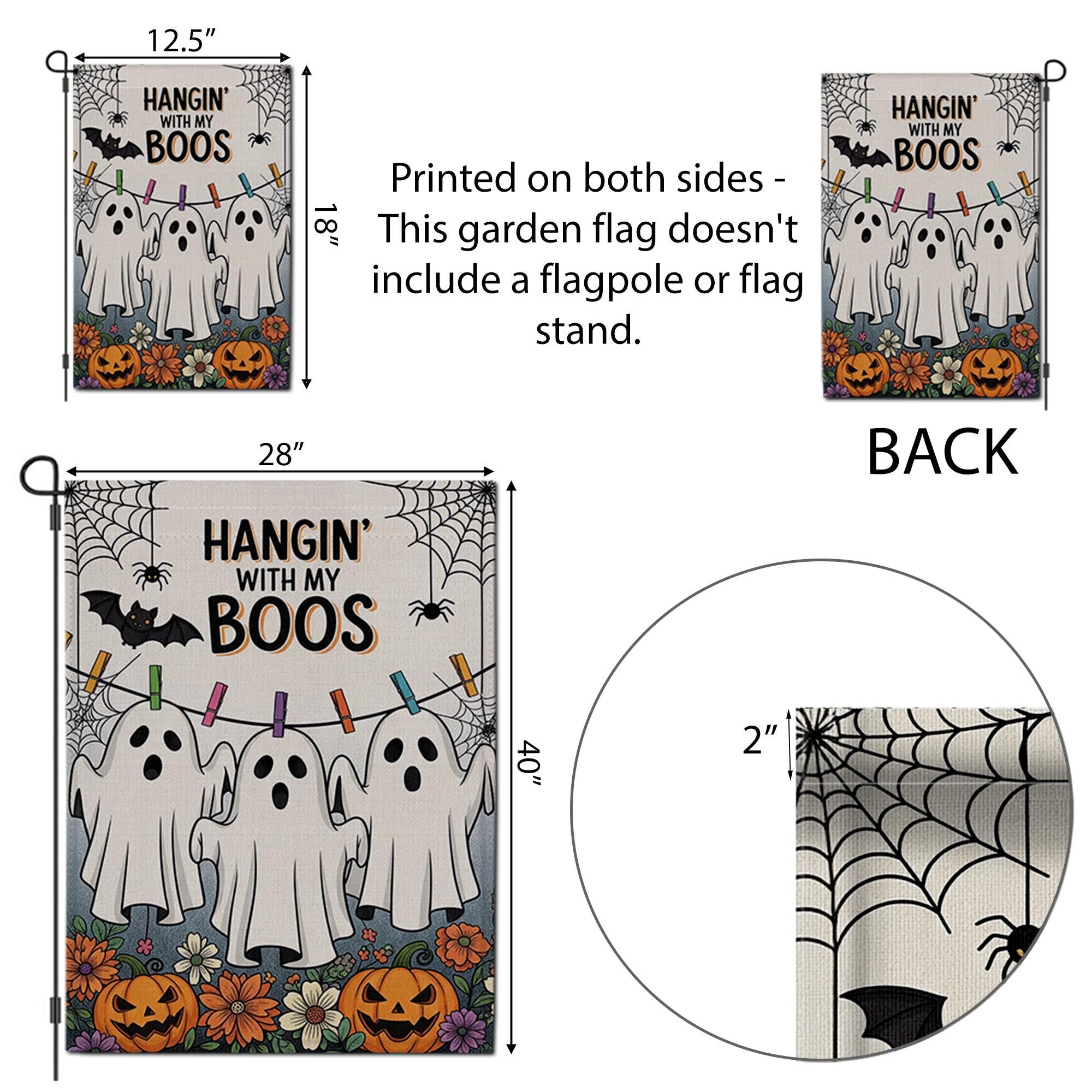Hangin' With My Boos Garden Flag - Funny Halloween Ghost Yard Decor with Pumpkins and Flowers, Cute Spooky Outdoor Sign for Fall