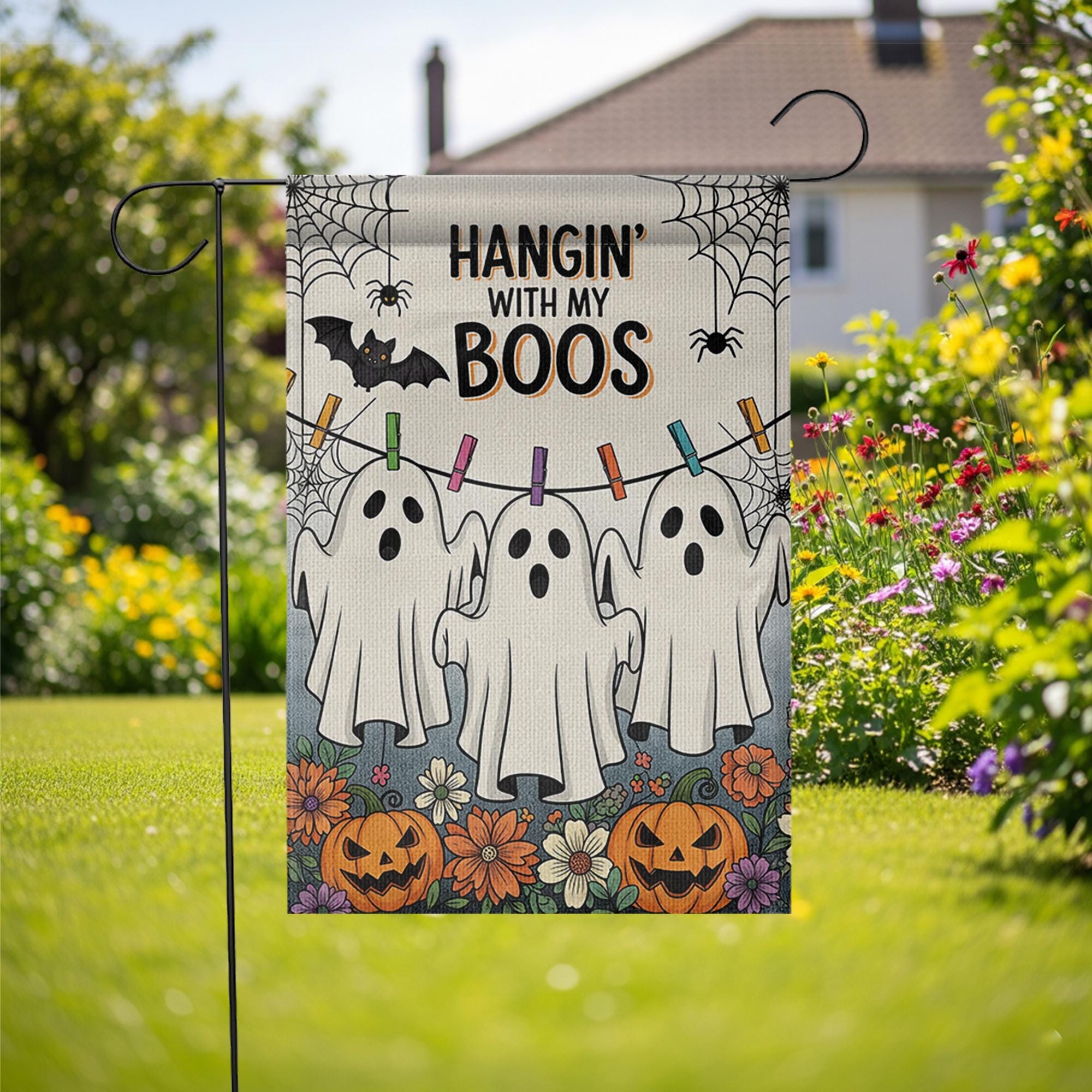 Hangin' With My Boos Garden Flag - Funny Halloween Ghost Yard Decor with Pumpkins and Flowers, Cute Spooky Outdoor Sign for Fall