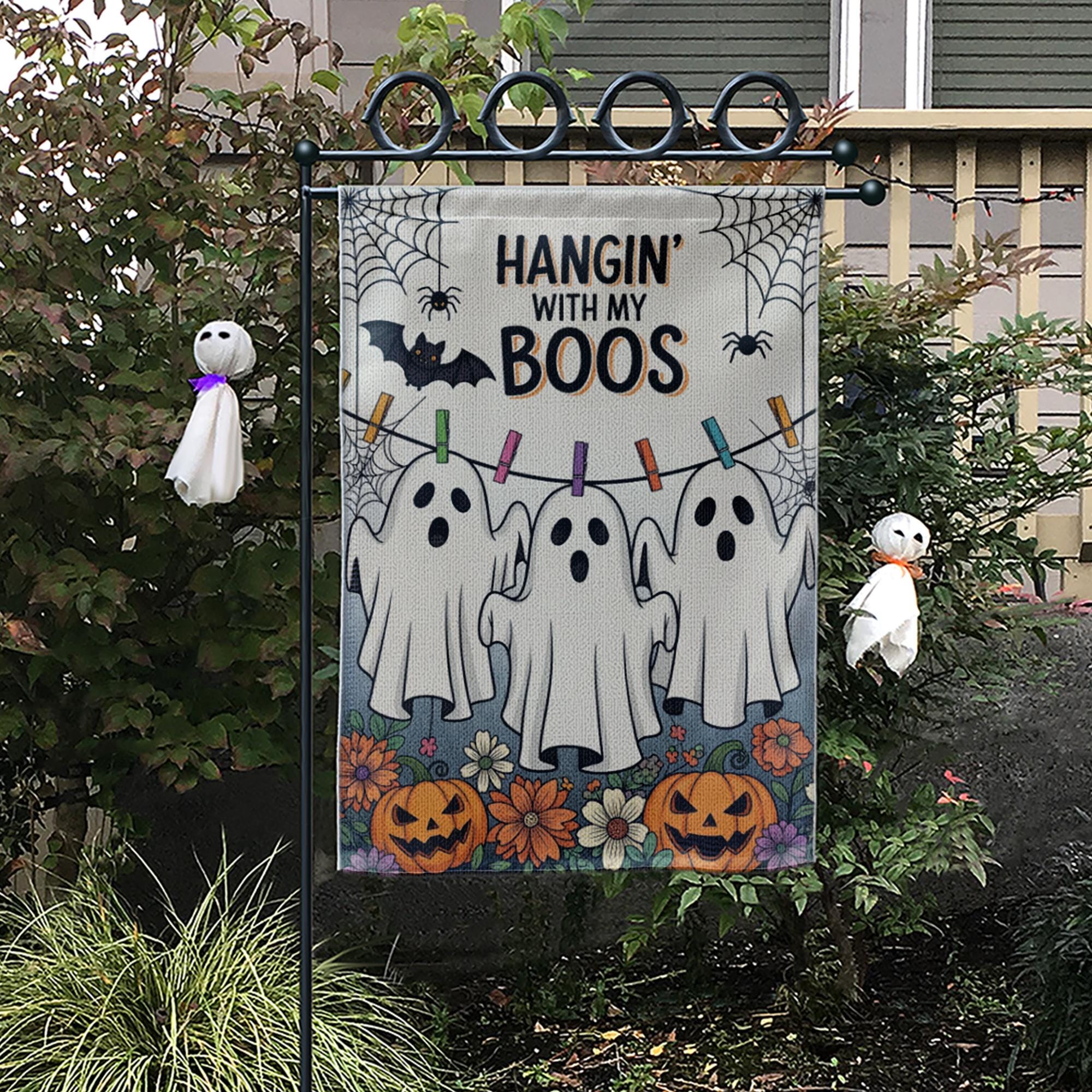 Hangin' With My Boos Garden Flag - Funny Halloween Ghost Yard Decor with Pumpkins and Flowers, Cute Spooky Outdoor Sign for Fall