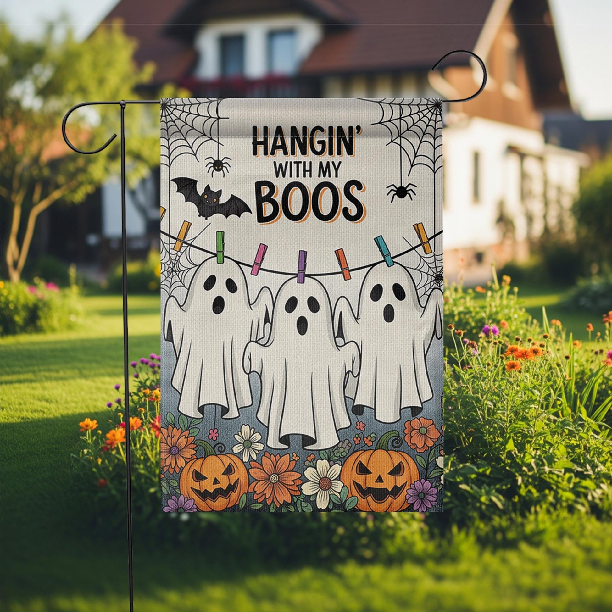 Hangin' With My Boos Garden Flag - Funny Halloween Ghost Yard Decor with Pumpkins and Flowers, Cute Spooky Outdoor Sign for Fall