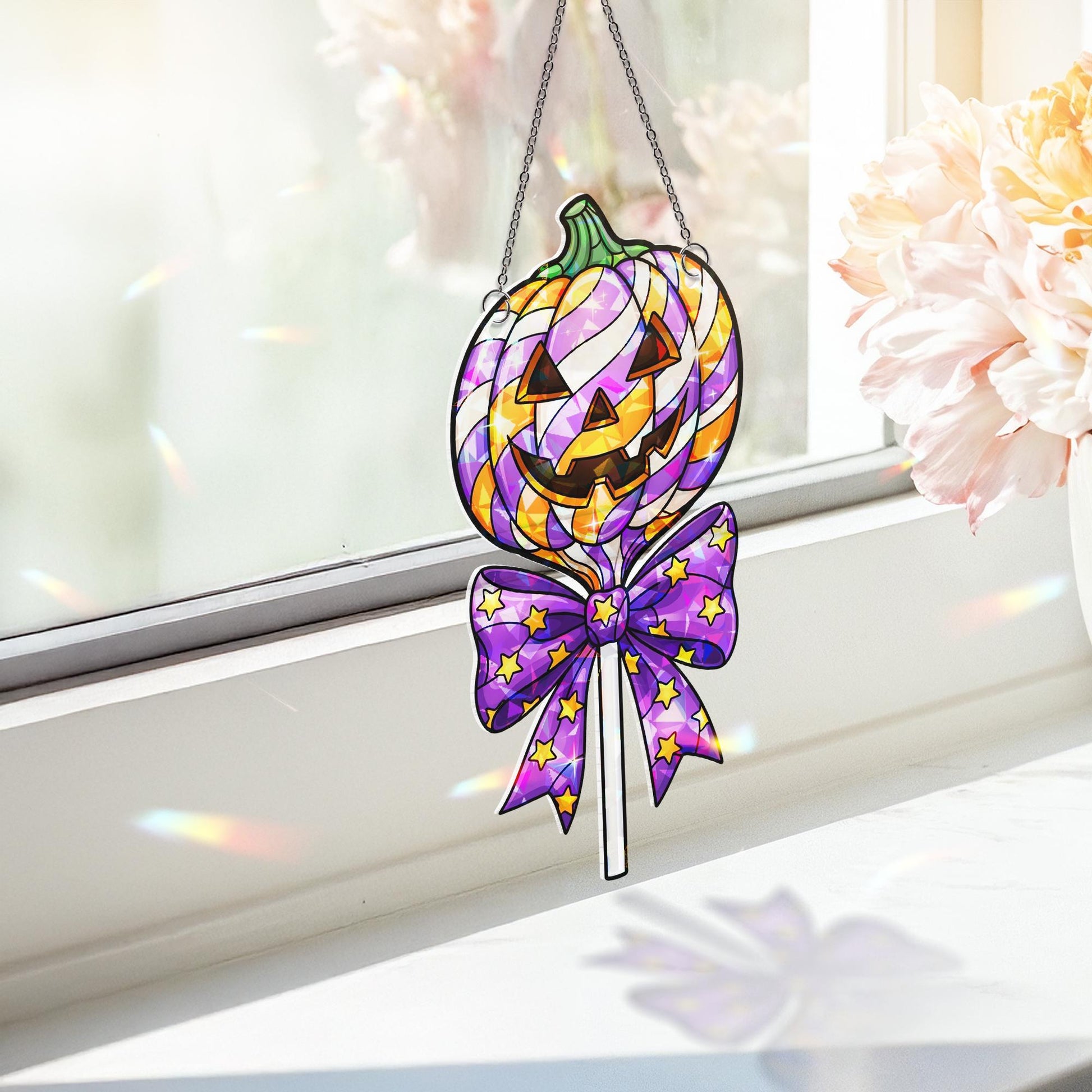 Halloween Pumpkin Stained Glass Suncatcher - Jack-o'-Lantern Window Hanging Decoration