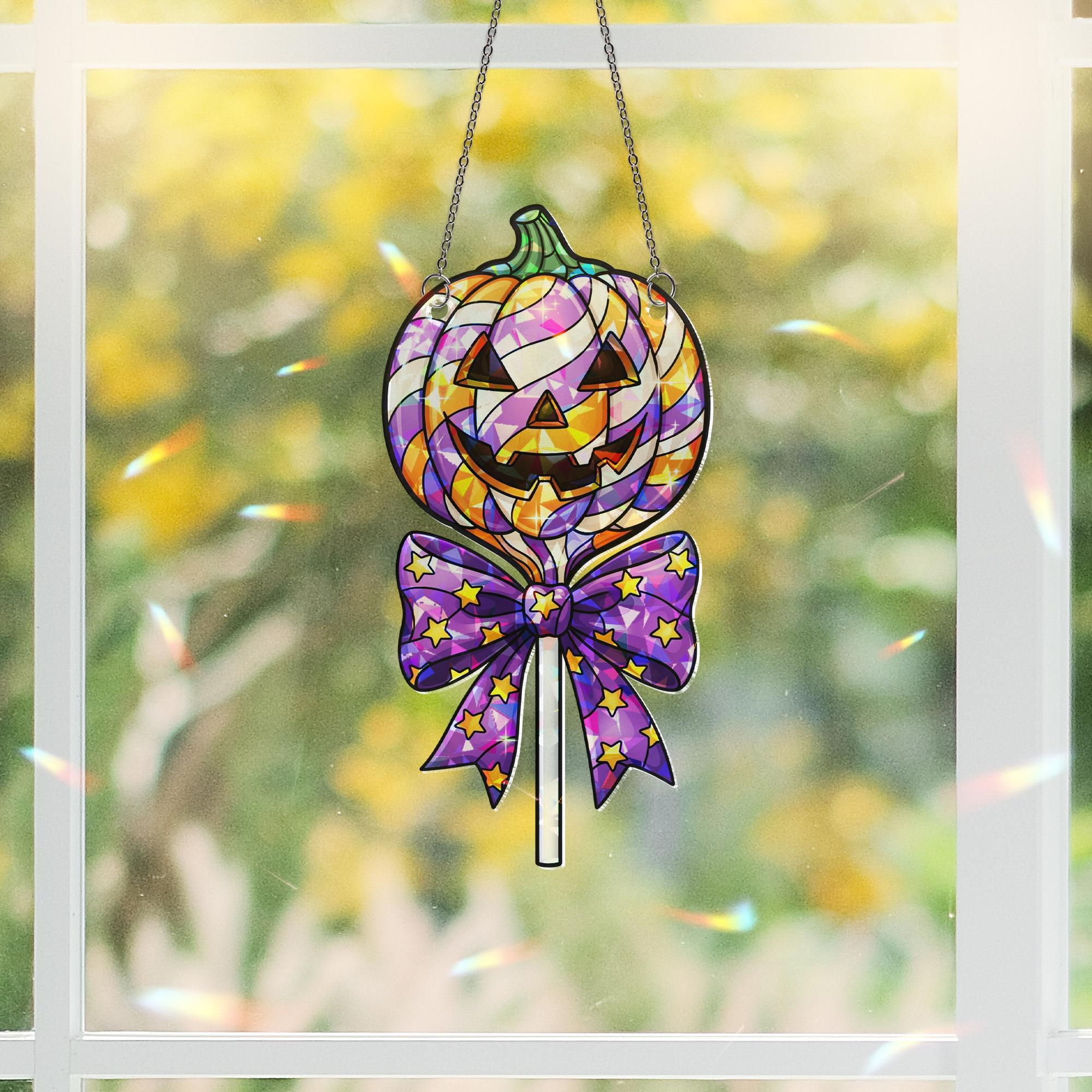 Halloween Pumpkin Stained Glass Suncatcher - Jack-o'-Lantern Window Hanging Decoration