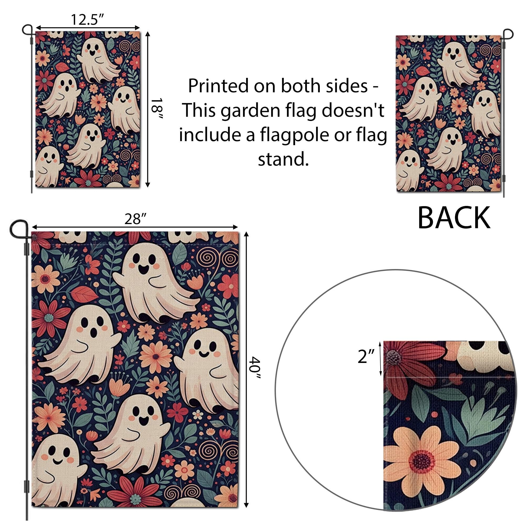 Cute Ghost Floral Halloween Garden Flag - Whimsical Fall Yard Decor with Smiling Spirits and Flowers, Fun Spooky Outdoor Sign