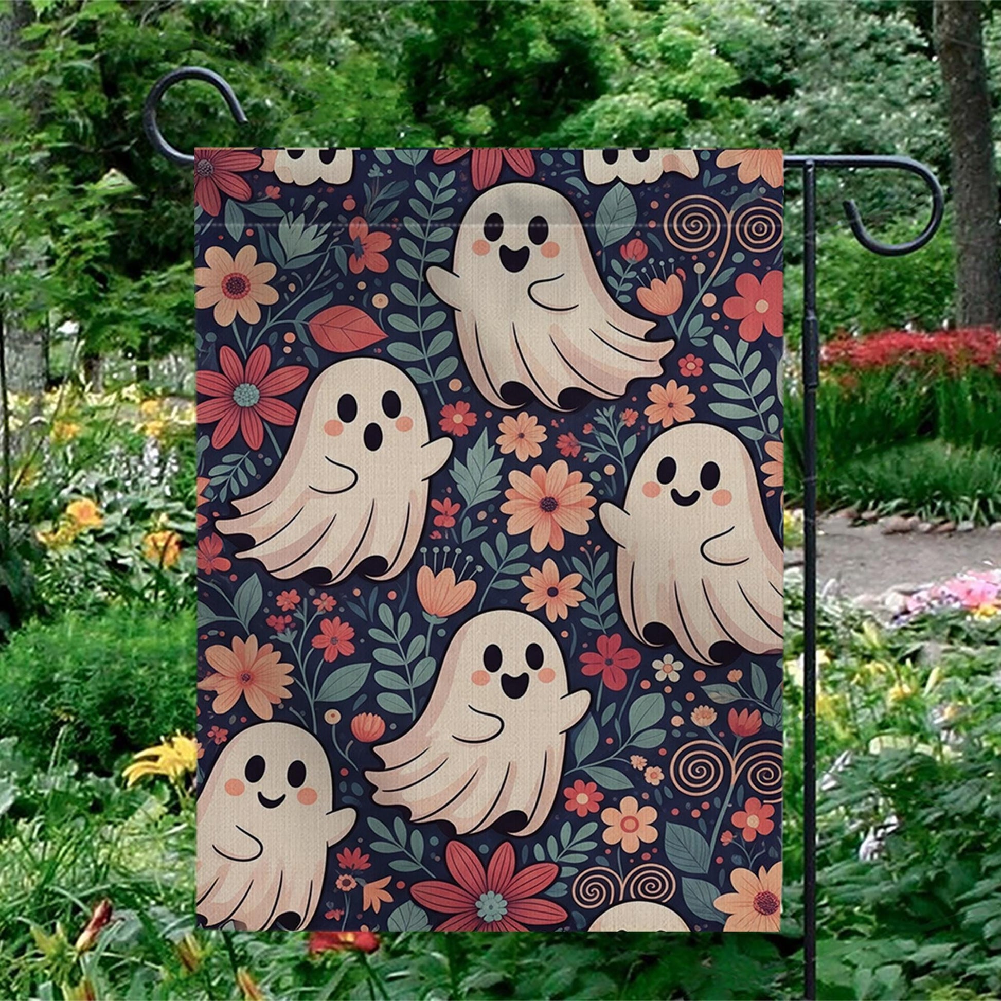 Cute Ghost Floral Halloween Garden Flag - Whimsical Fall Yard Decor with Smiling Spirits and Flowers, Fun Spooky Outdoor Sign