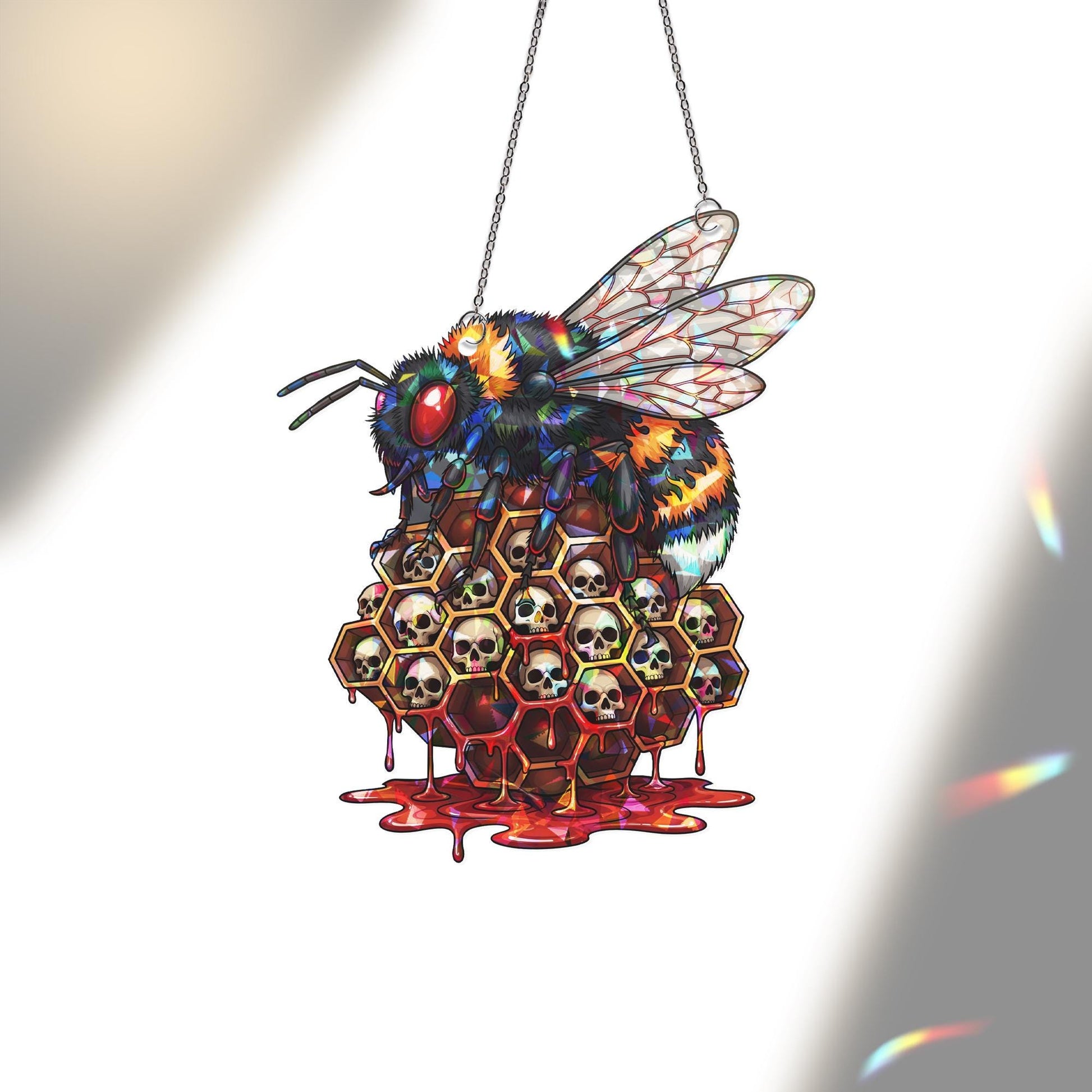 Gothic Bee Stained Glass Suncatcher - Skull Honeycomb Horror Window Decor