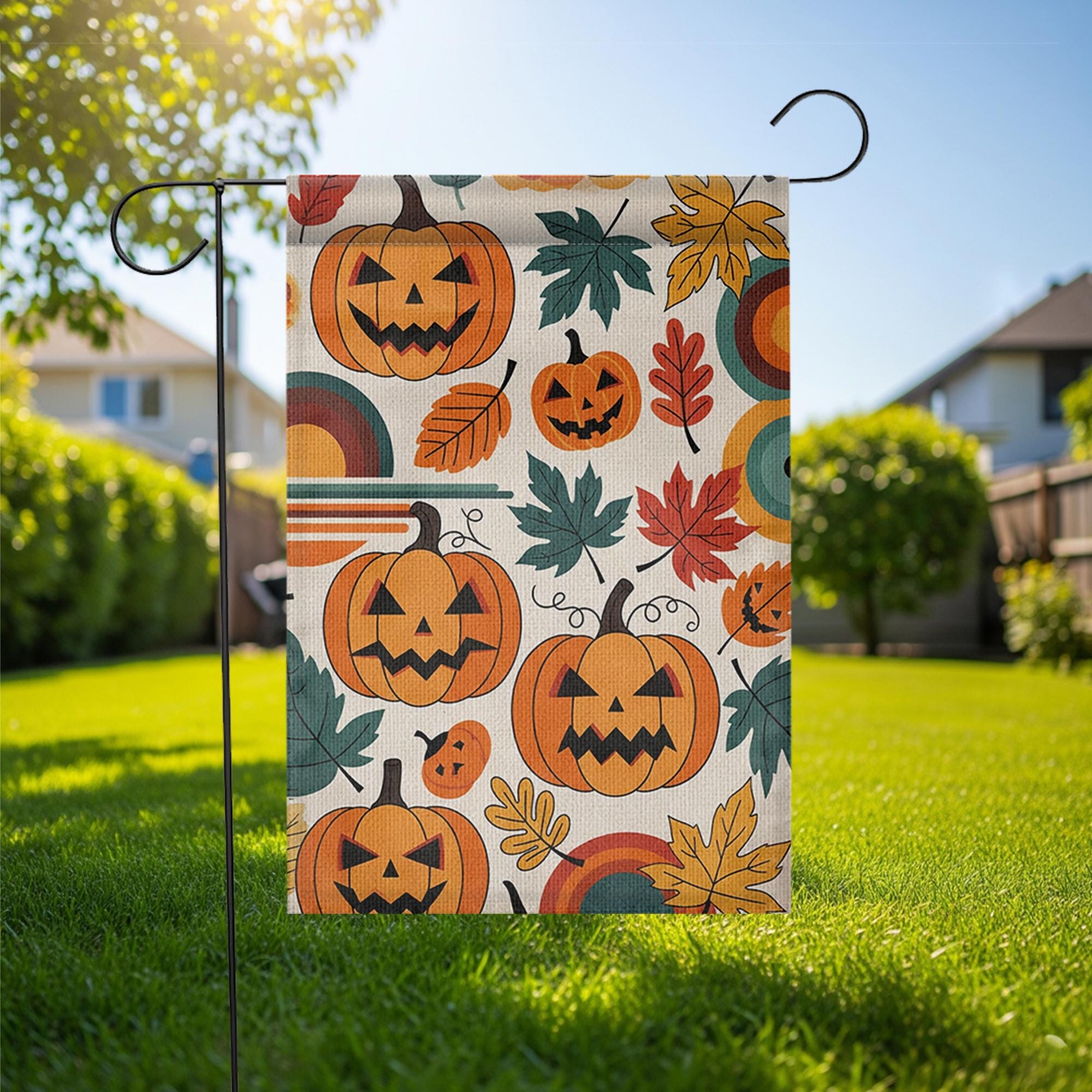 Retro Pumpkin Garden Flag - Fall Halloween Yard Decor with Colorful Leaves and Jack-O'-Lanterns, Vintage Autumn Outdoor Decoration