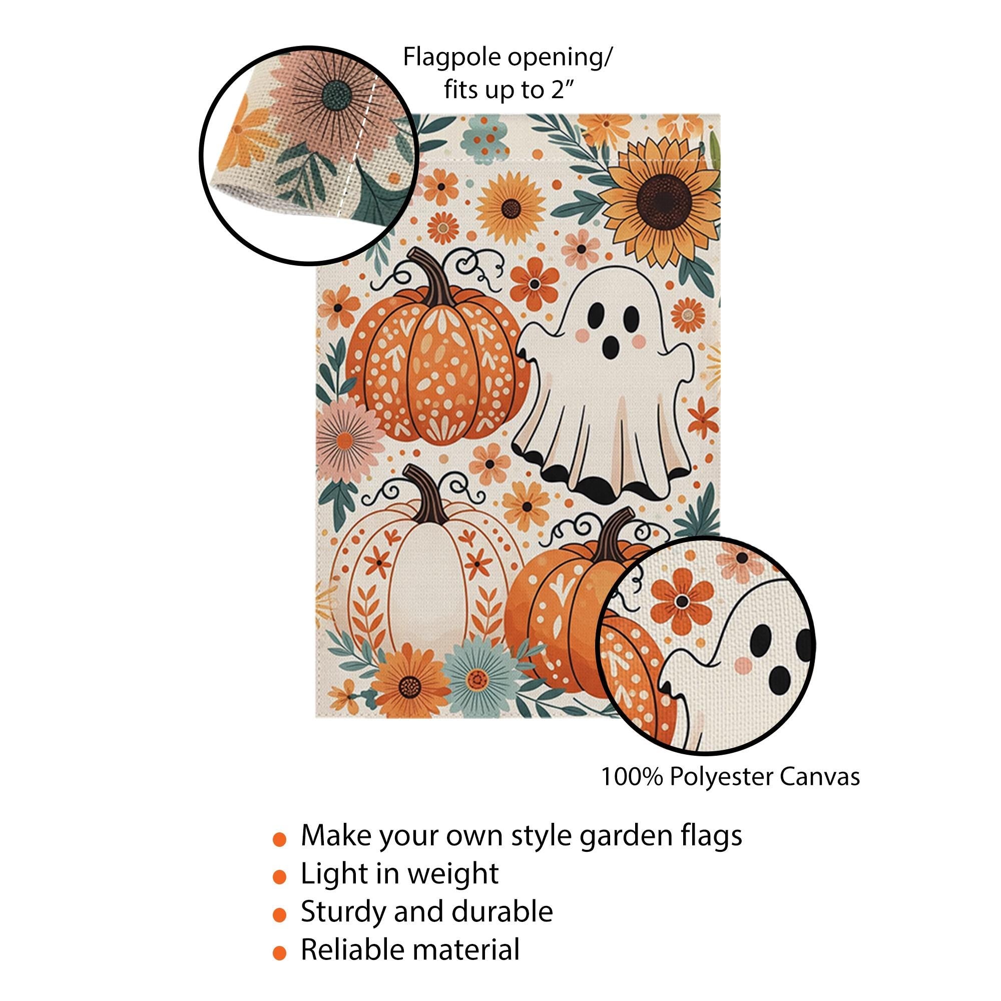 Cute Ghost and Pumpkin Garden Flag - Floral Halloween Fall Yard Decor, Boho Autumn Outdoor Sign with Sunflowers and Whimsical Style