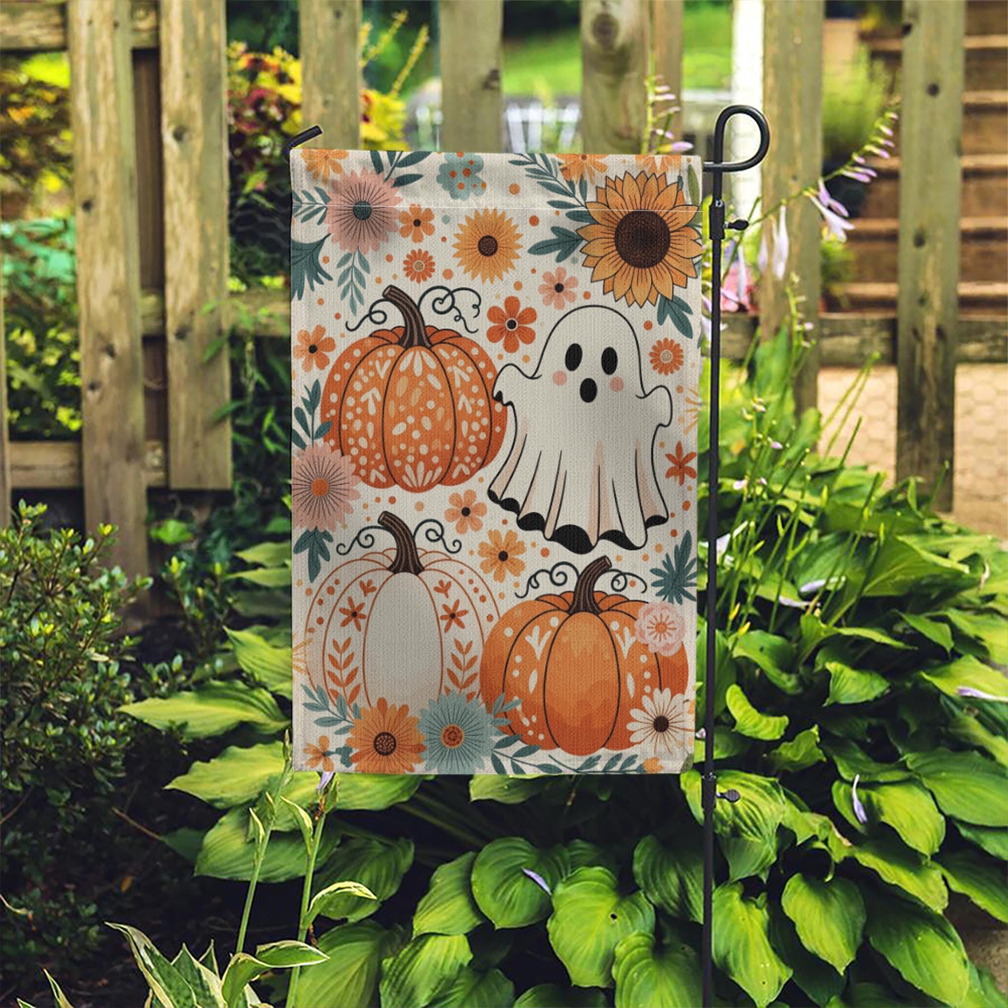 Cute Ghost and Pumpkin Garden Flag - Floral Halloween Fall Yard Decor, Boho Autumn Outdoor Sign with Sunflowers and Whimsical Style