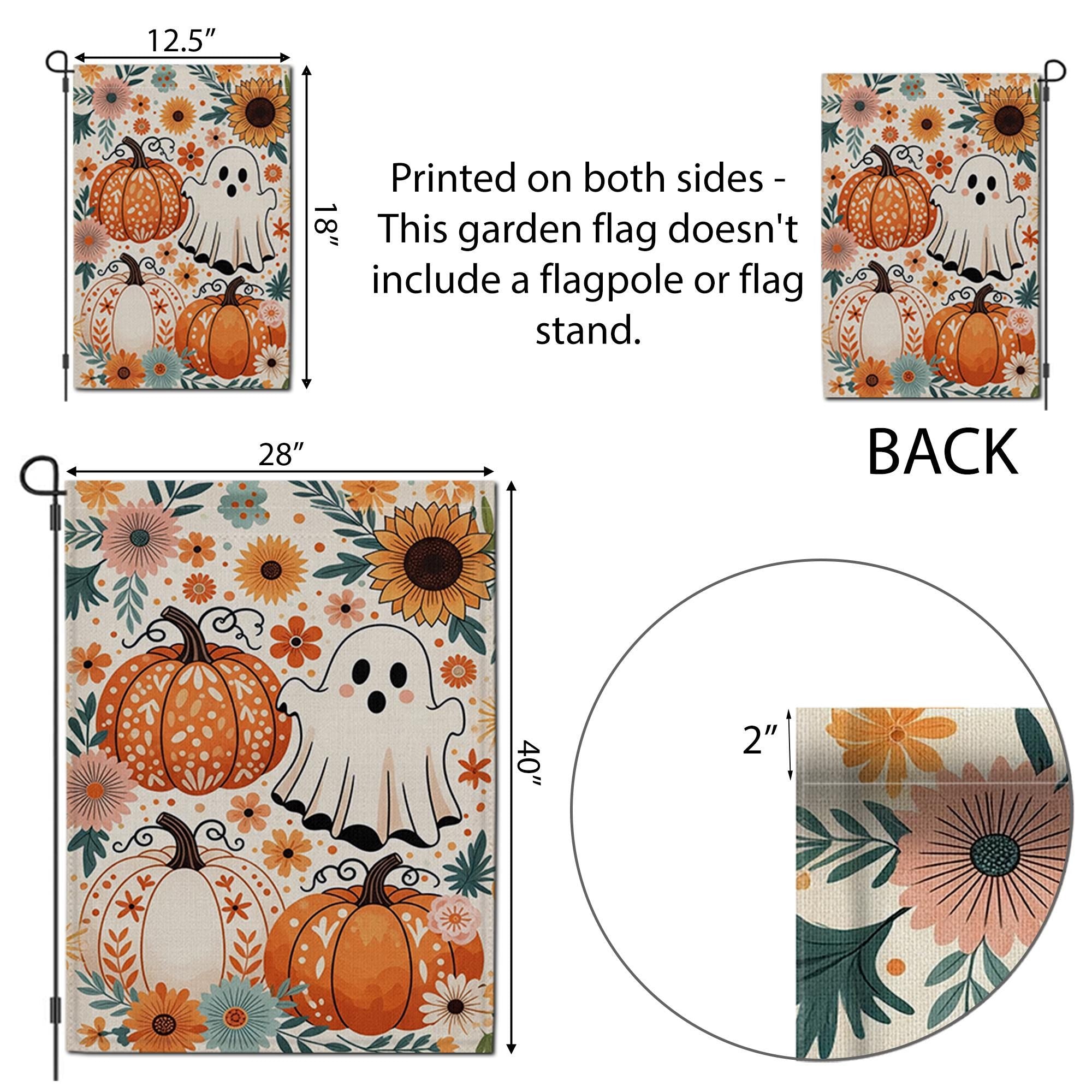 Cute Ghost and Pumpkin Garden Flag - Floral Halloween Fall Yard Decor, Boho Autumn Outdoor Sign with Sunflowers and Whimsical Style