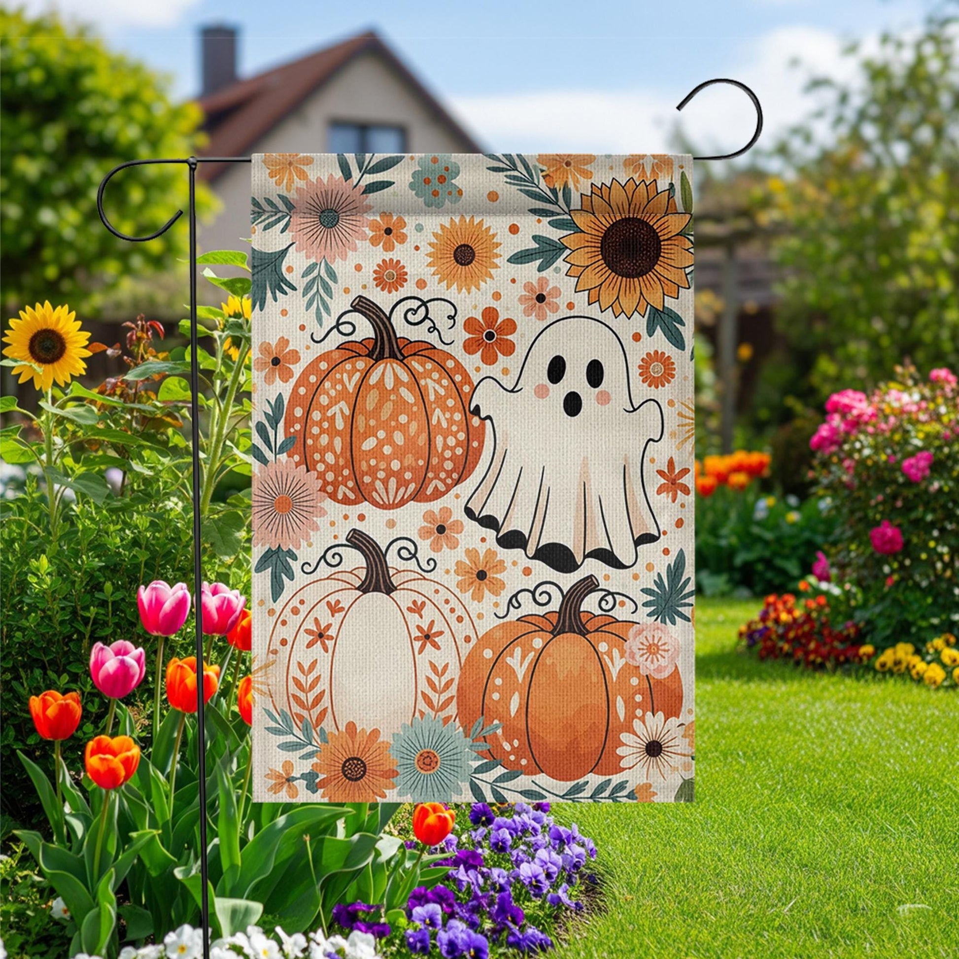 Cute Ghost and Pumpkin Garden Flag - Floral Halloween Fall Yard Decor, Boho Autumn Outdoor Sign with Sunflowers and Whimsical Style