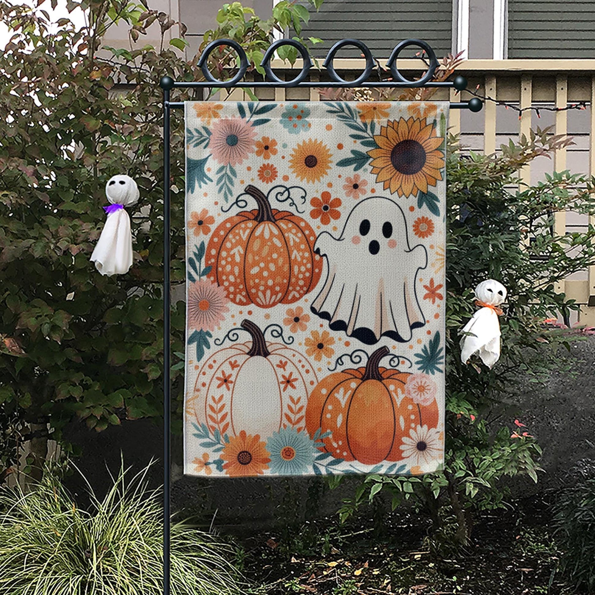 Cute Ghost and Pumpkin Garden Flag - Floral Halloween Fall Yard Decor, Boho Autumn Outdoor Sign with Sunflowers and Whimsical Style
