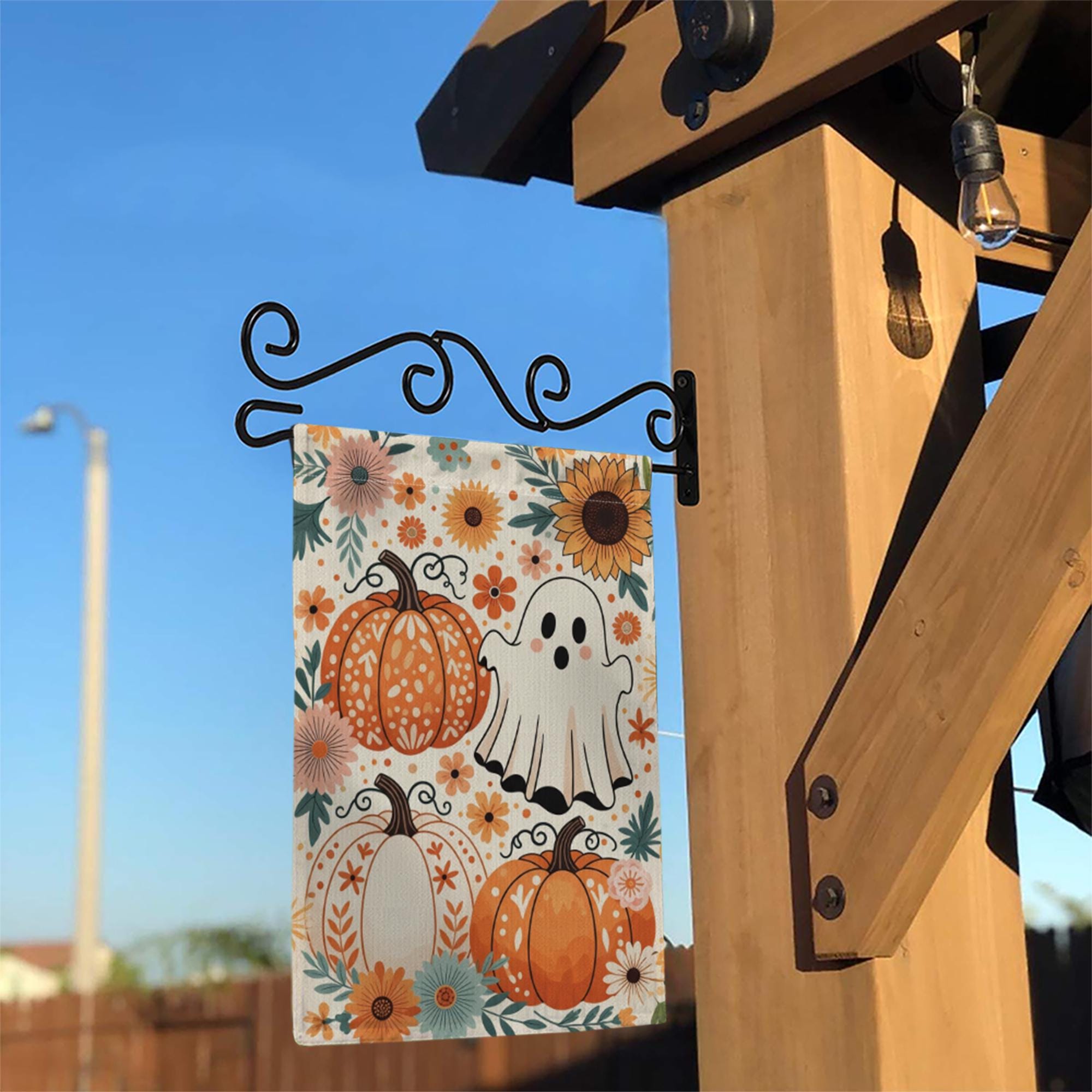 Cute Ghost and Pumpkin Garden Flag - Floral Halloween Fall Yard Decor, Boho Autumn Outdoor Sign with Sunflowers and Whimsical Style