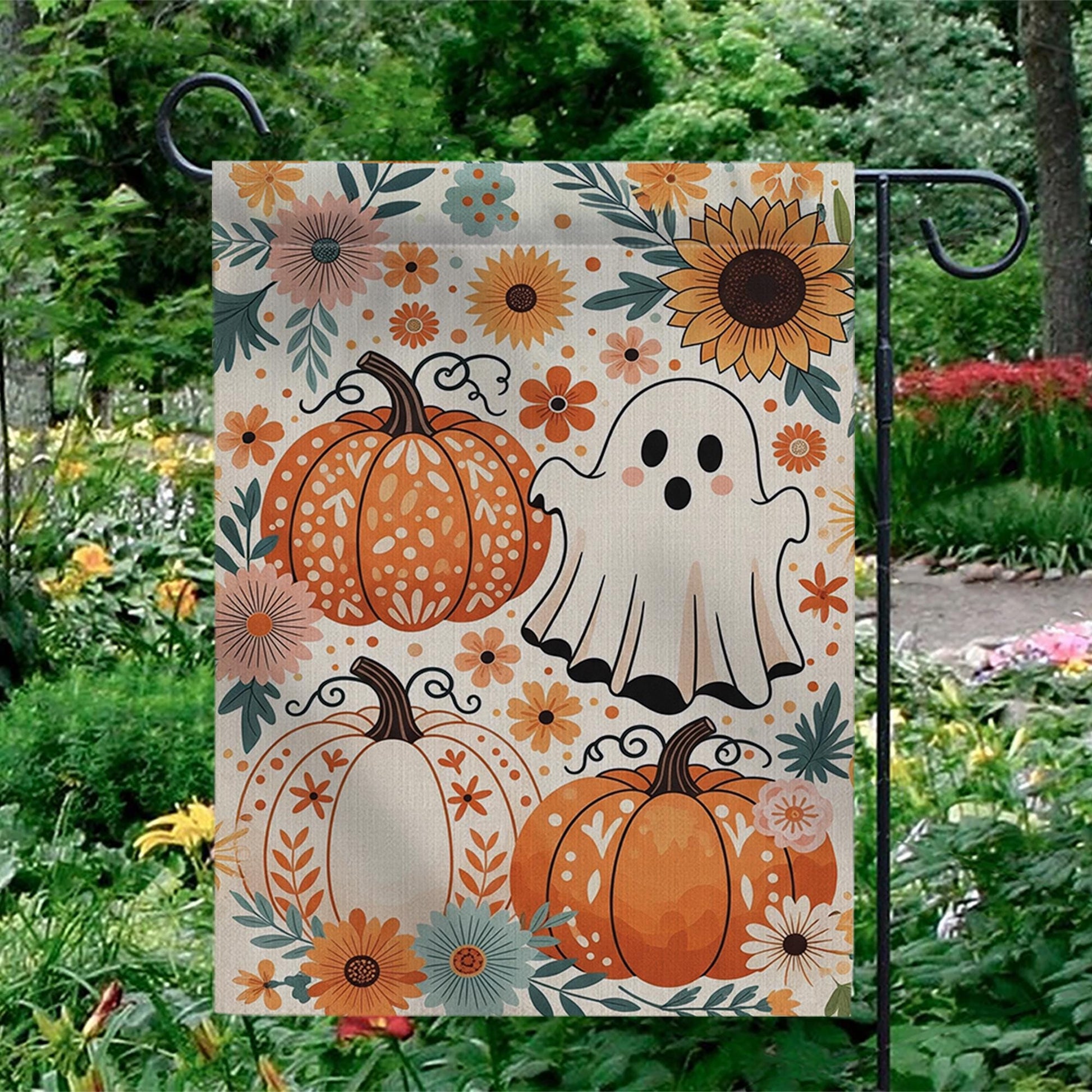 Cute Ghost and Pumpkin Garden Flag - Floral Halloween Fall Yard Decor, Boho Autumn Outdoor Sign with Sunflowers and Whimsical Style